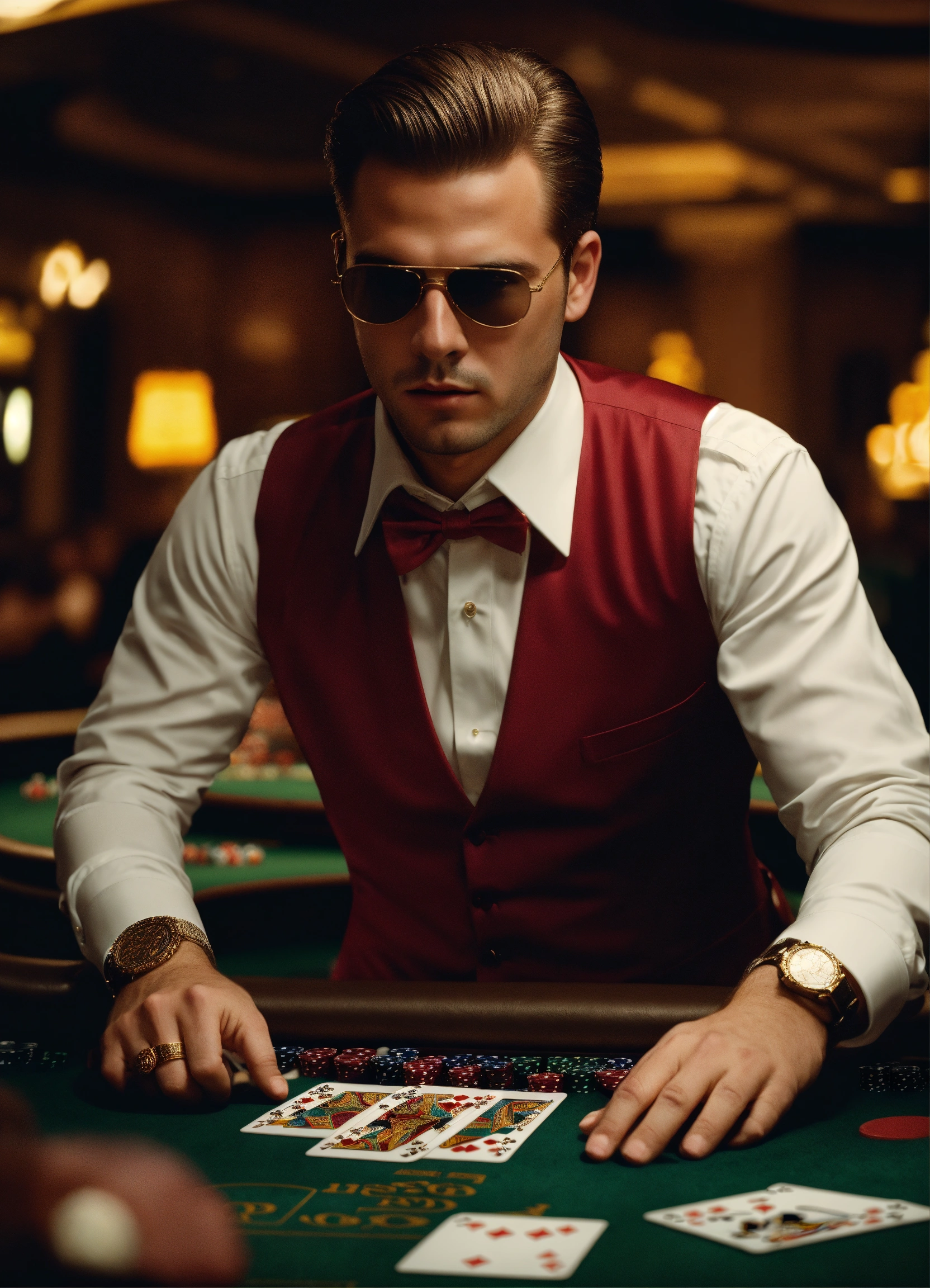 Lexica White young casino dealer throws cards, selfconfident, pride