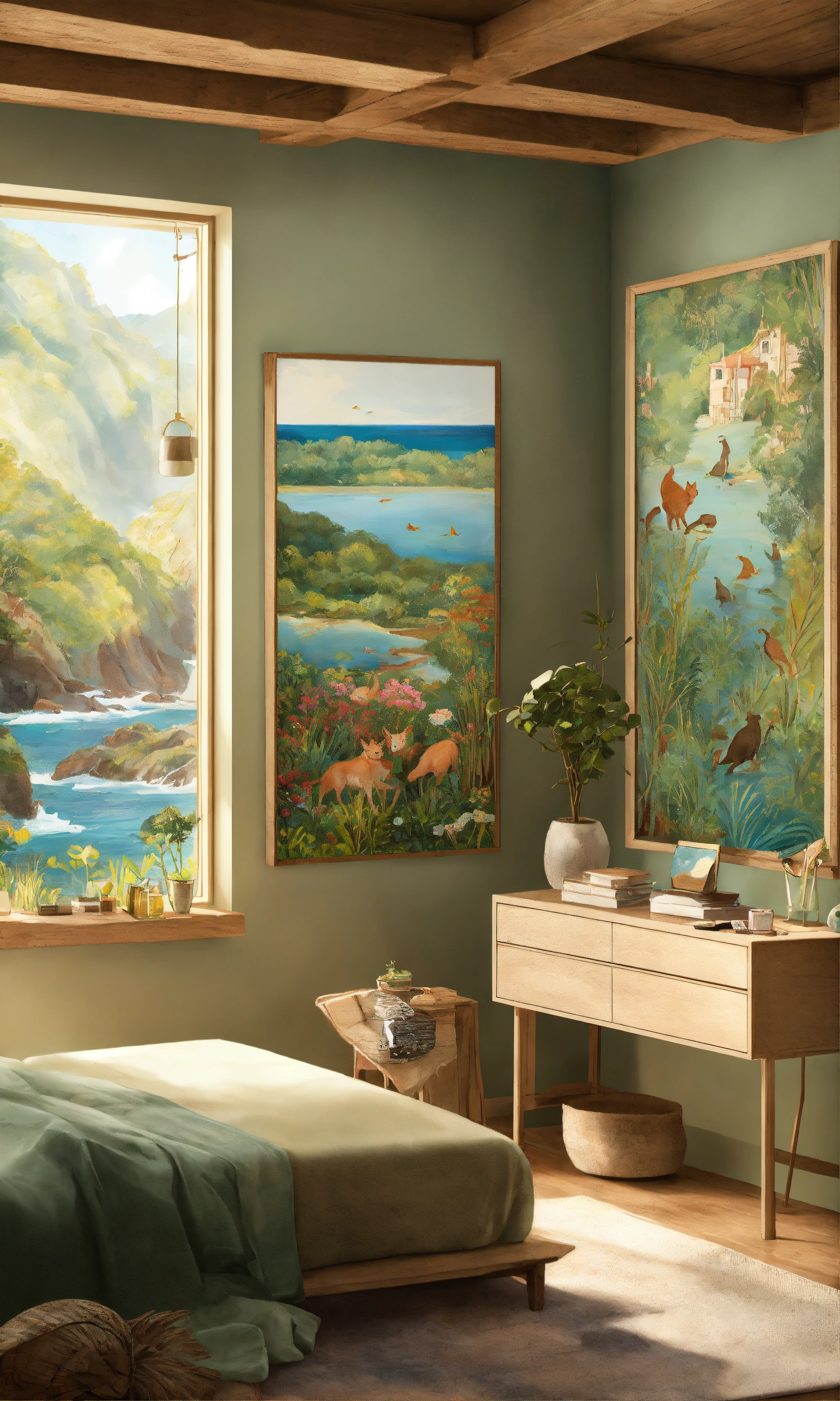 Lexica - Illustration of bedroom, and painting on canvas with painting ...