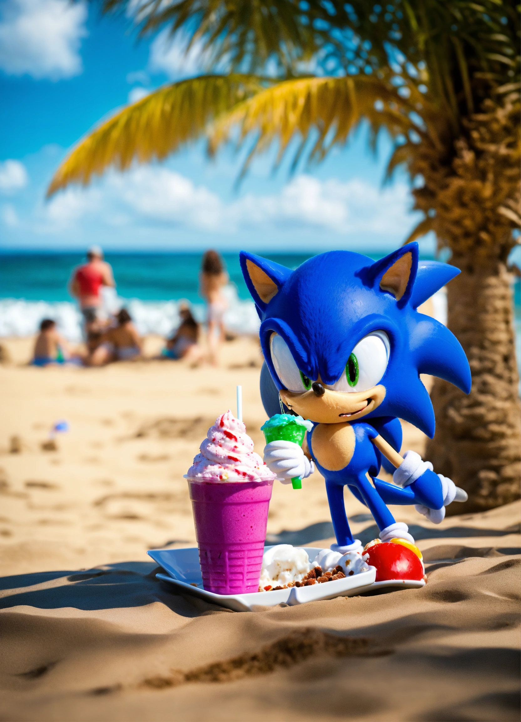 Lexica - Sonic, na praia, comendo sorvete e milkshake em 8k