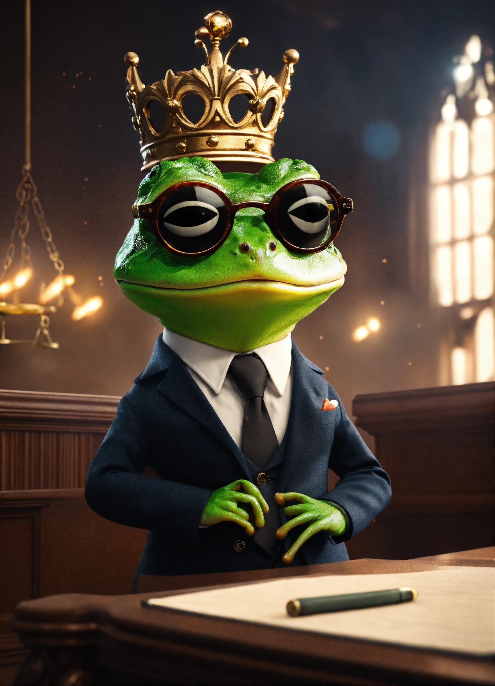 Lexica - Cute frog in suit and glasses in crown court defending warm in ...