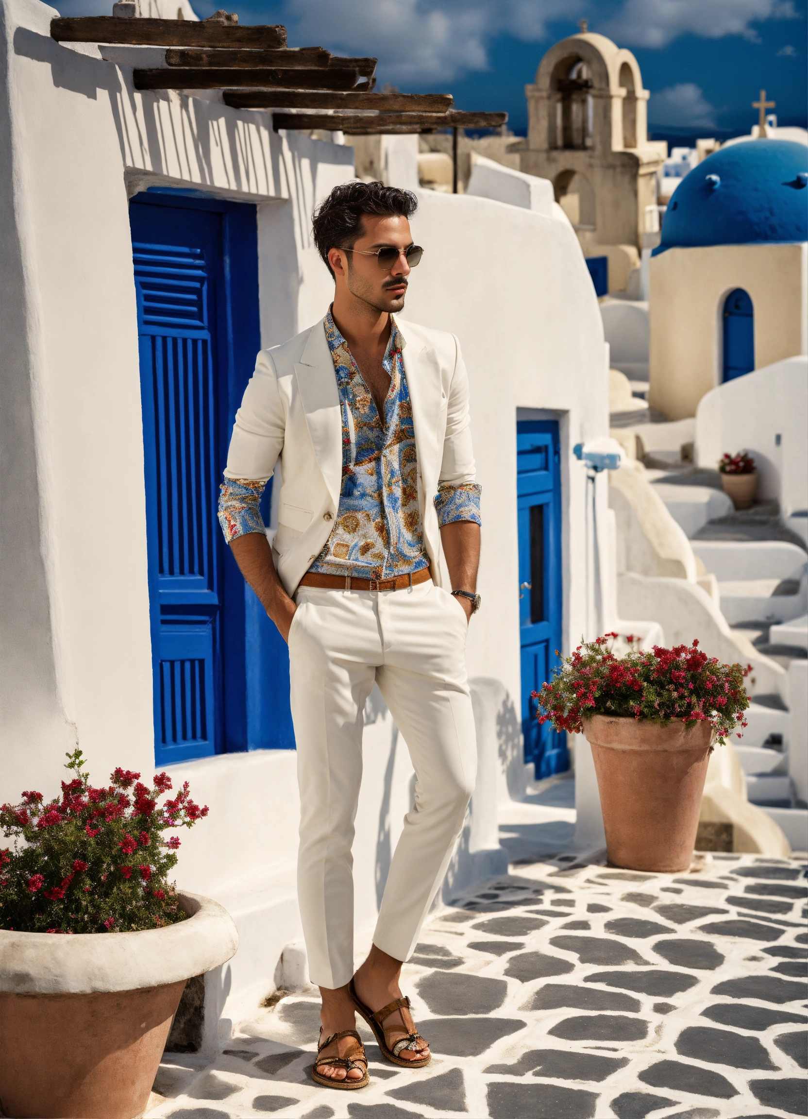 Lexica - Men wears Greek high fashion background santorini