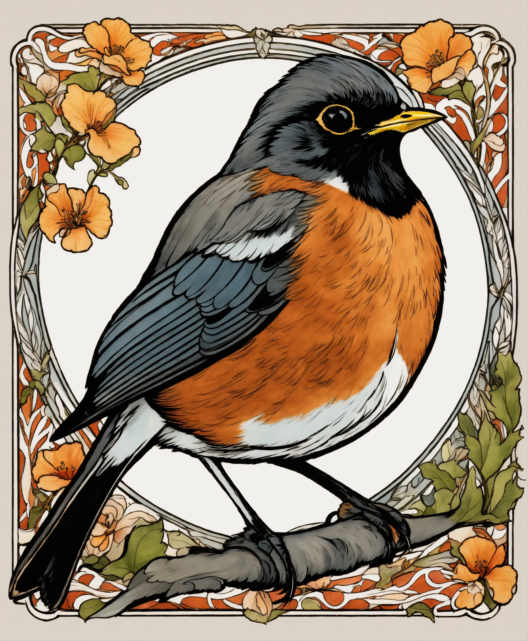Lexica - Ultra detailed colored ink illustration of an American Robin ...