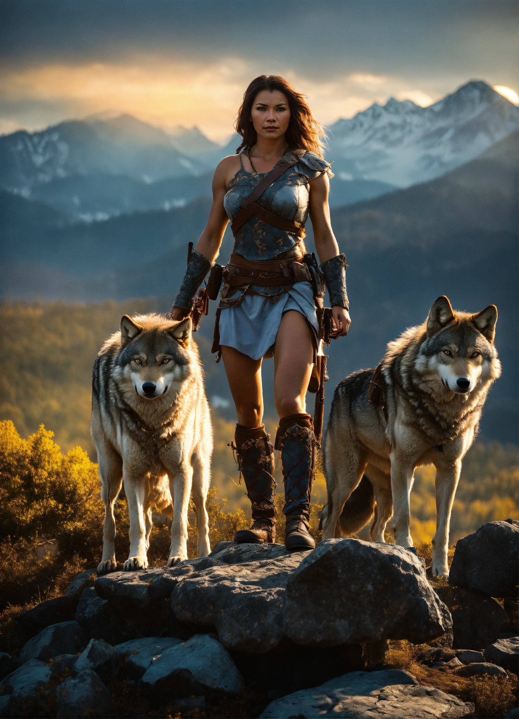Lexica - An armed warrior woman with several wolves, standing on a rock ...