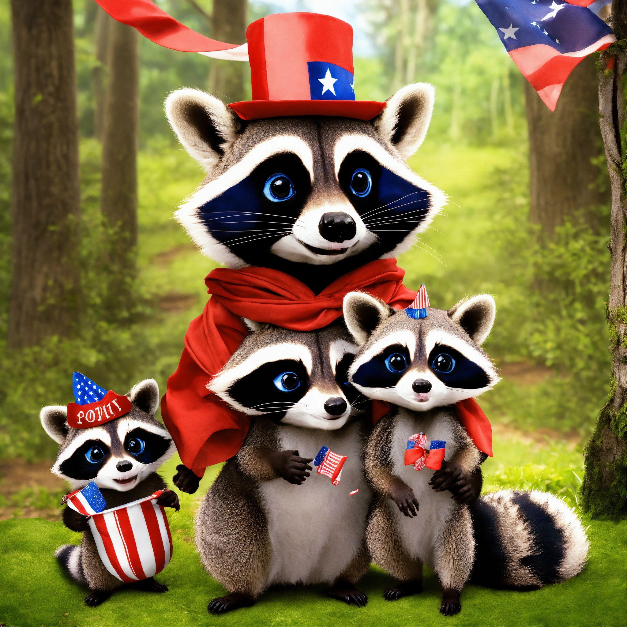 Lexica - A Raccoon family celebrating independence, life-like