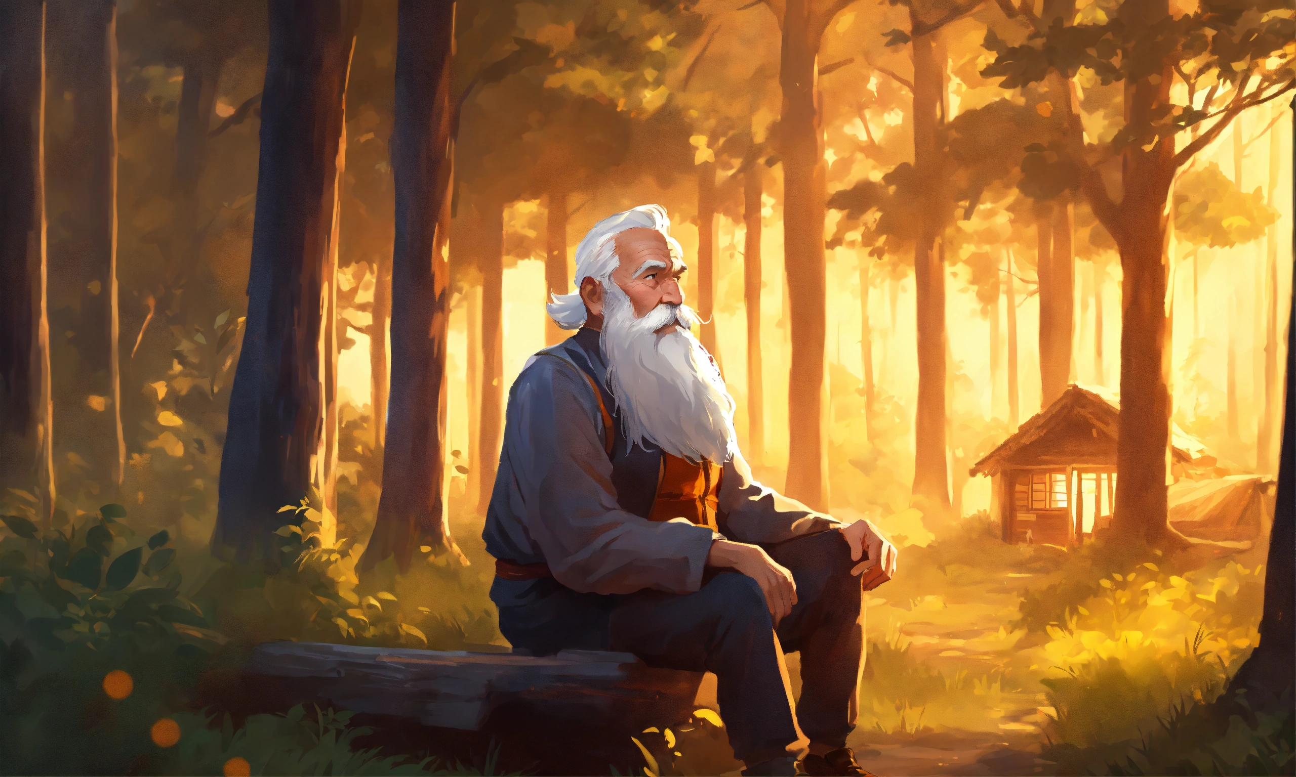 Lexica - An old man with white beard near a hut in forest in the style ...