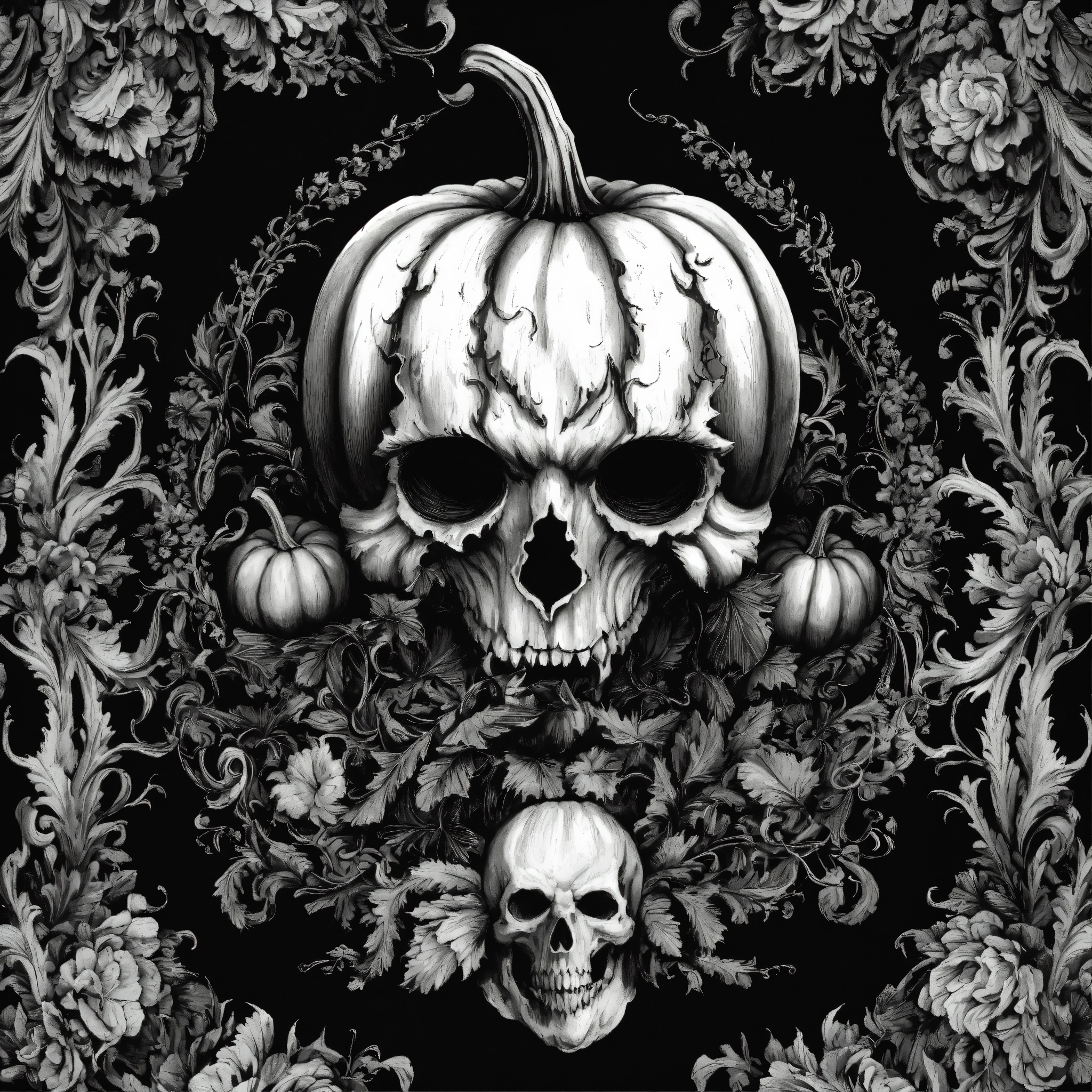 Lexica - Baroque style, satanic symbols, angry curved pumpkin, crow ...