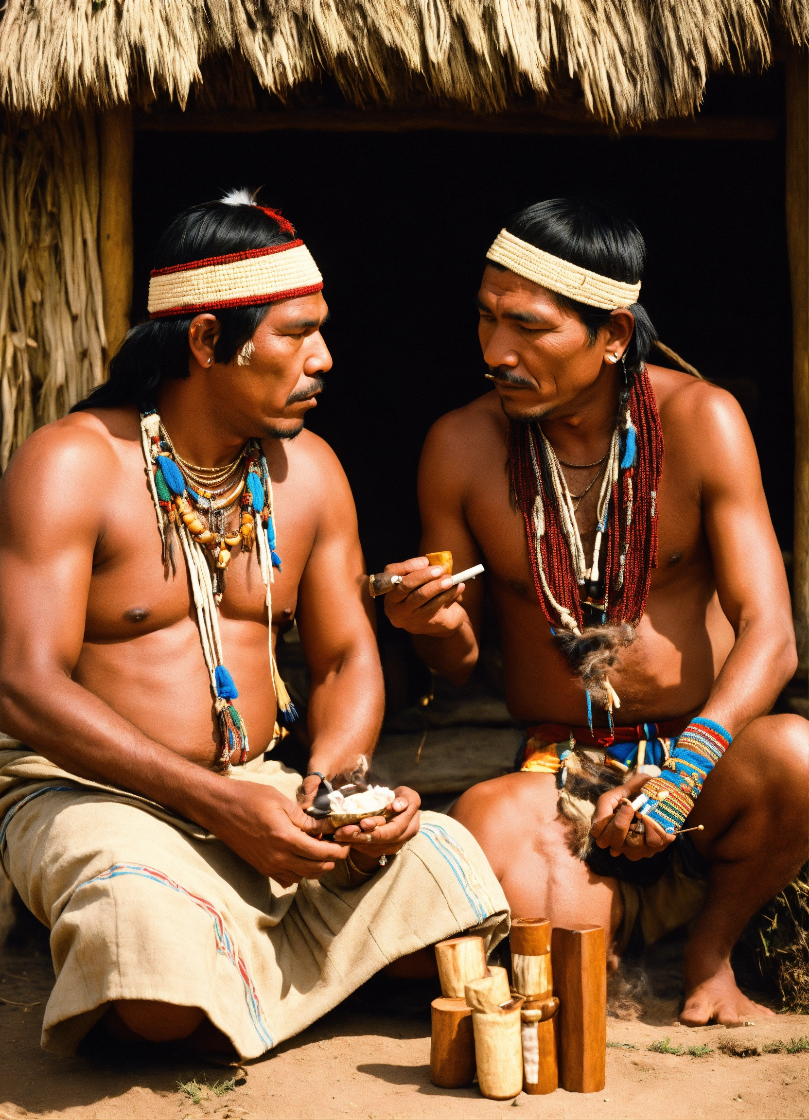 Lexica - Indigenous men sharing sacred tobacco, pipe, snuff