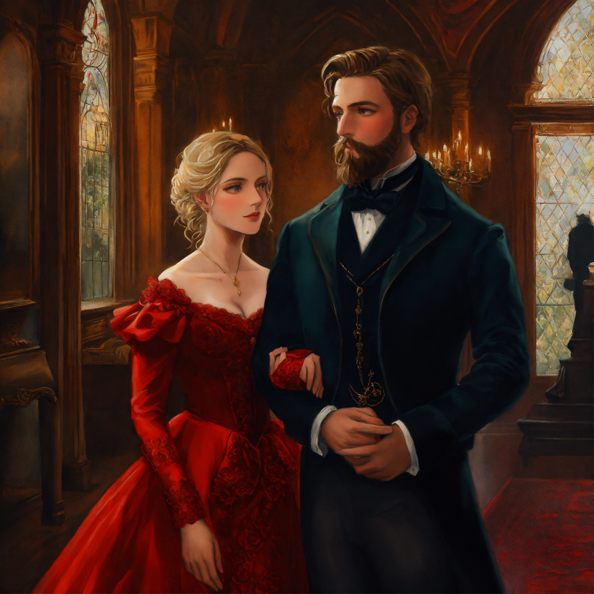 Lexica - Painting of a 19th century couple inside a gothic style Victorian  mansion. the woman has blonde hair and is wearing a red gown. the man has
