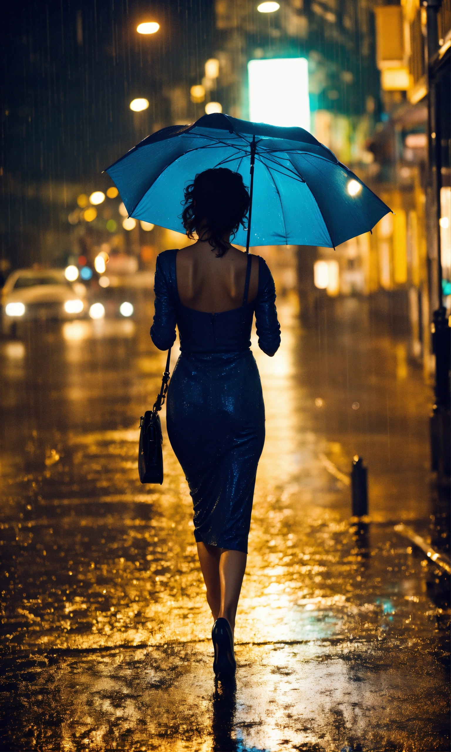 Lexica - A glamours woman walking at night in the rain