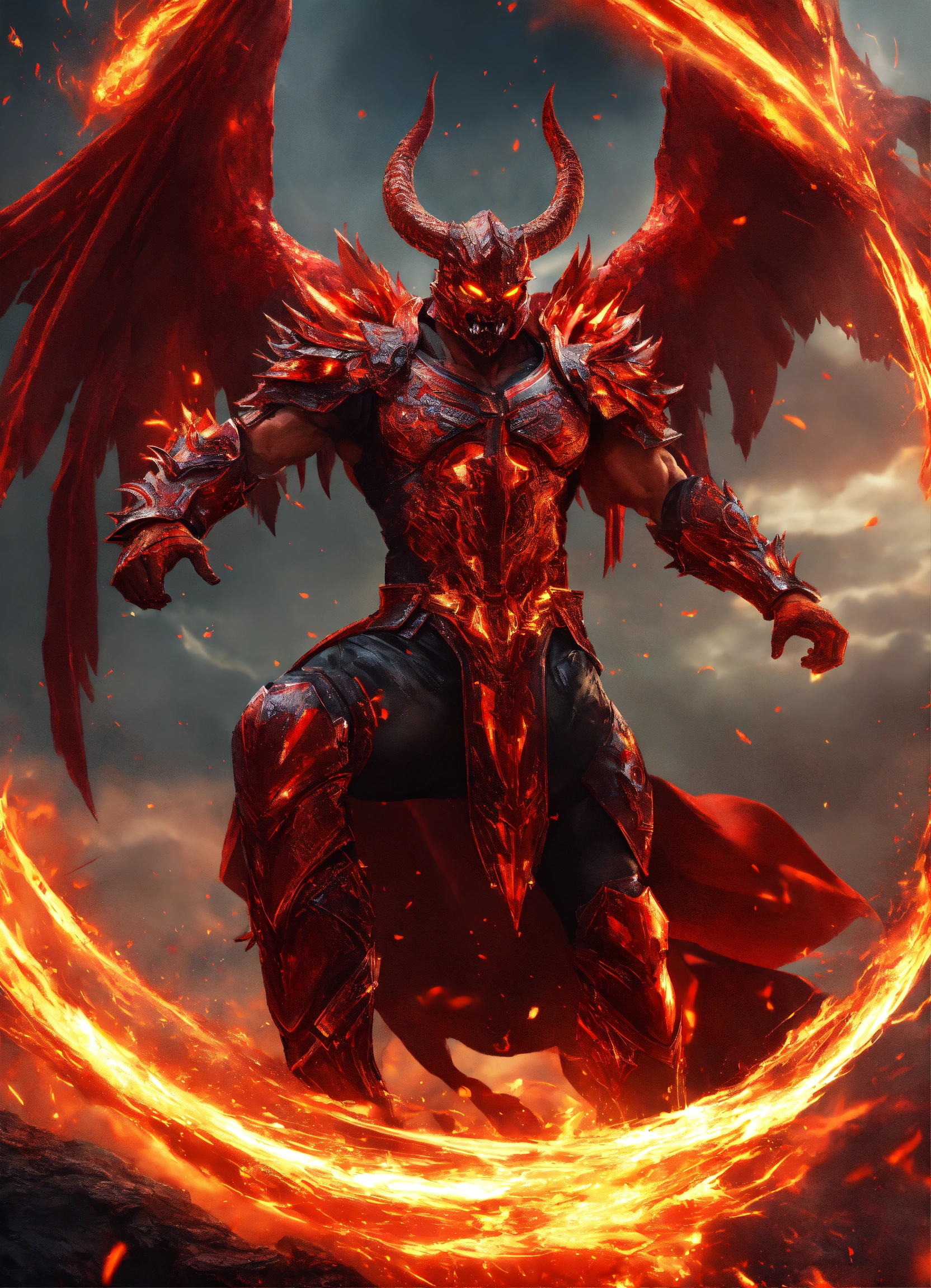 Lexica - Full body evil futuristic warrior entangled in a red fiery ...