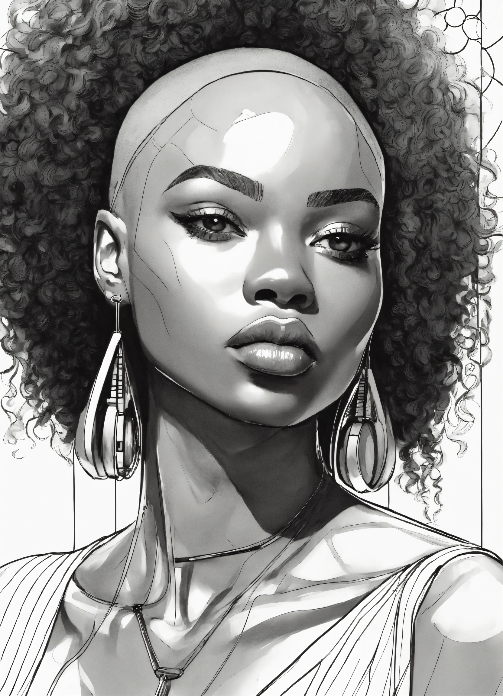 Lexica Black and white line drawing, white background, upper body