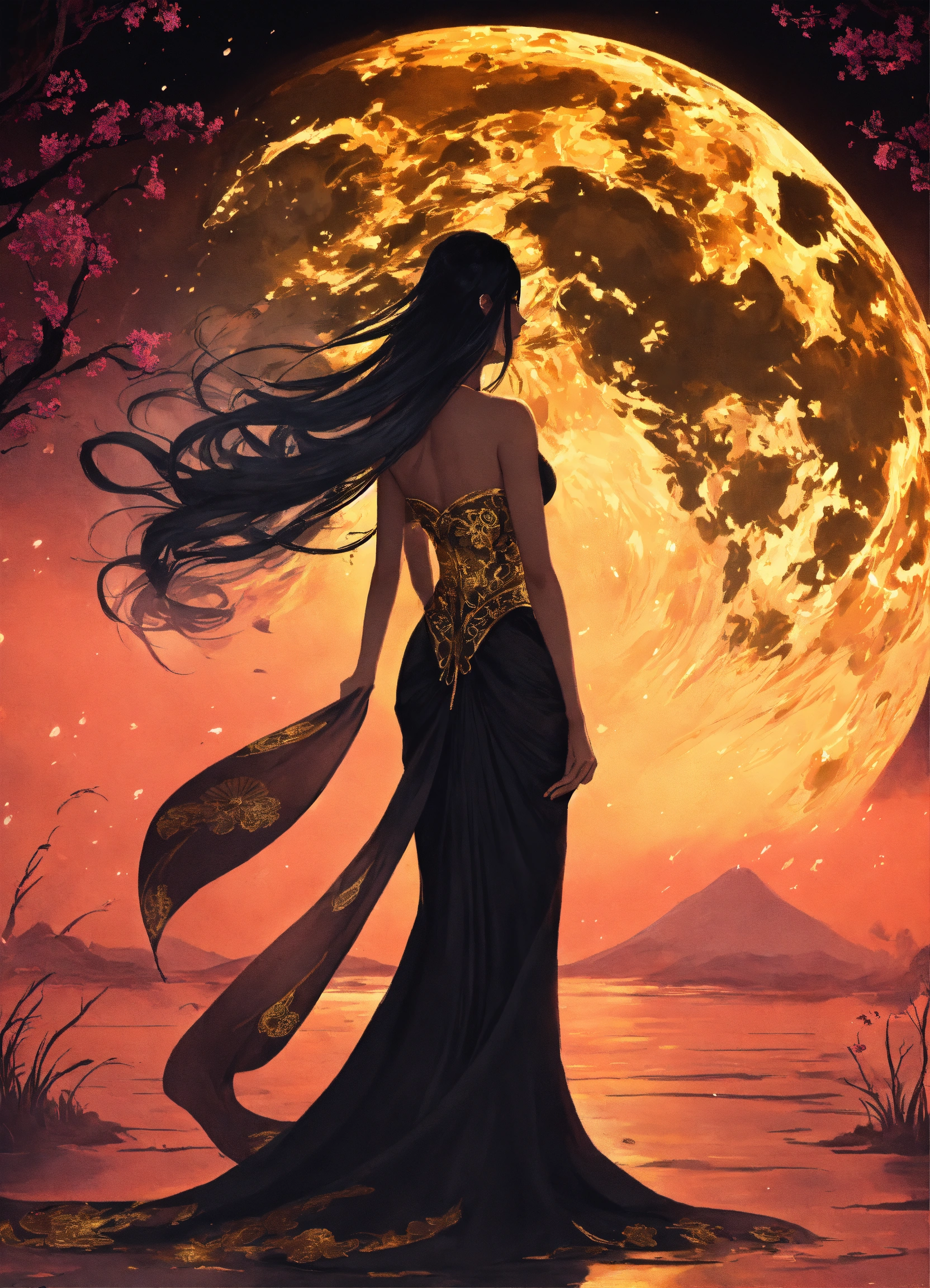 Lexica - Black and gold ink, the full body back of a mysterious Asian ...