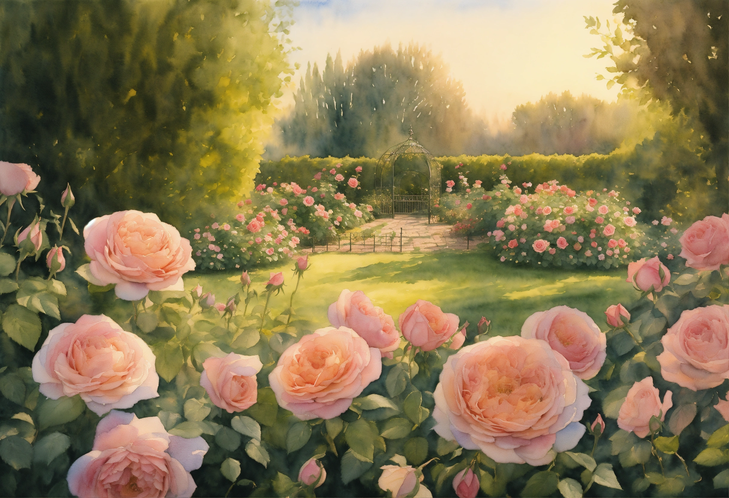 Lexica - Watercolour painting, English rose garden, warm light ...