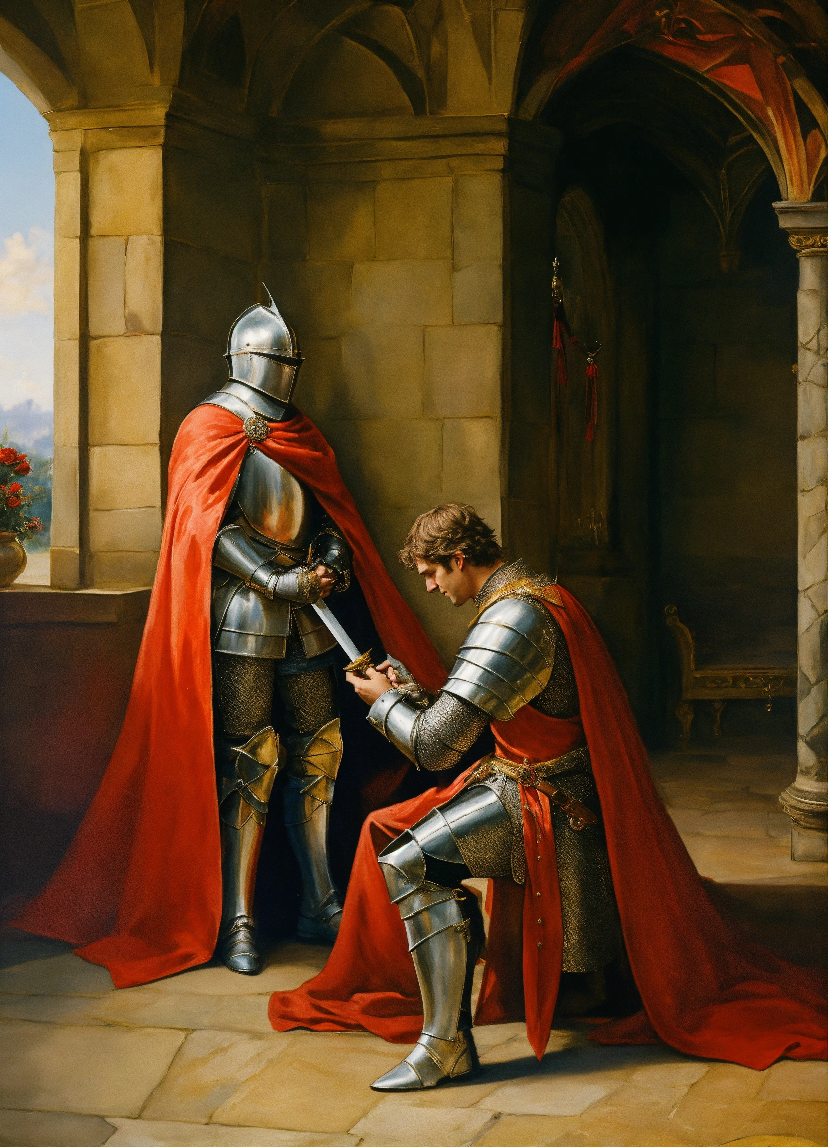 Lexica - A knight, banding a knee, making his proposal to a princess