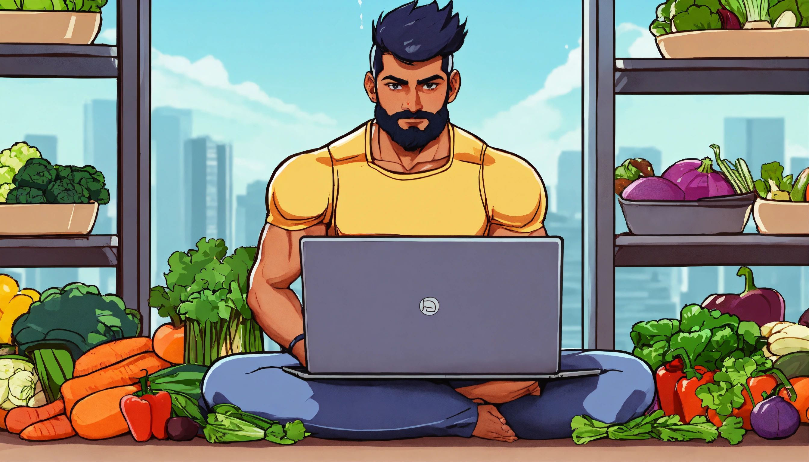 Lexica - Indian man fitness freak at a gym coding on a laptop with veggies  in the style of a cartoon