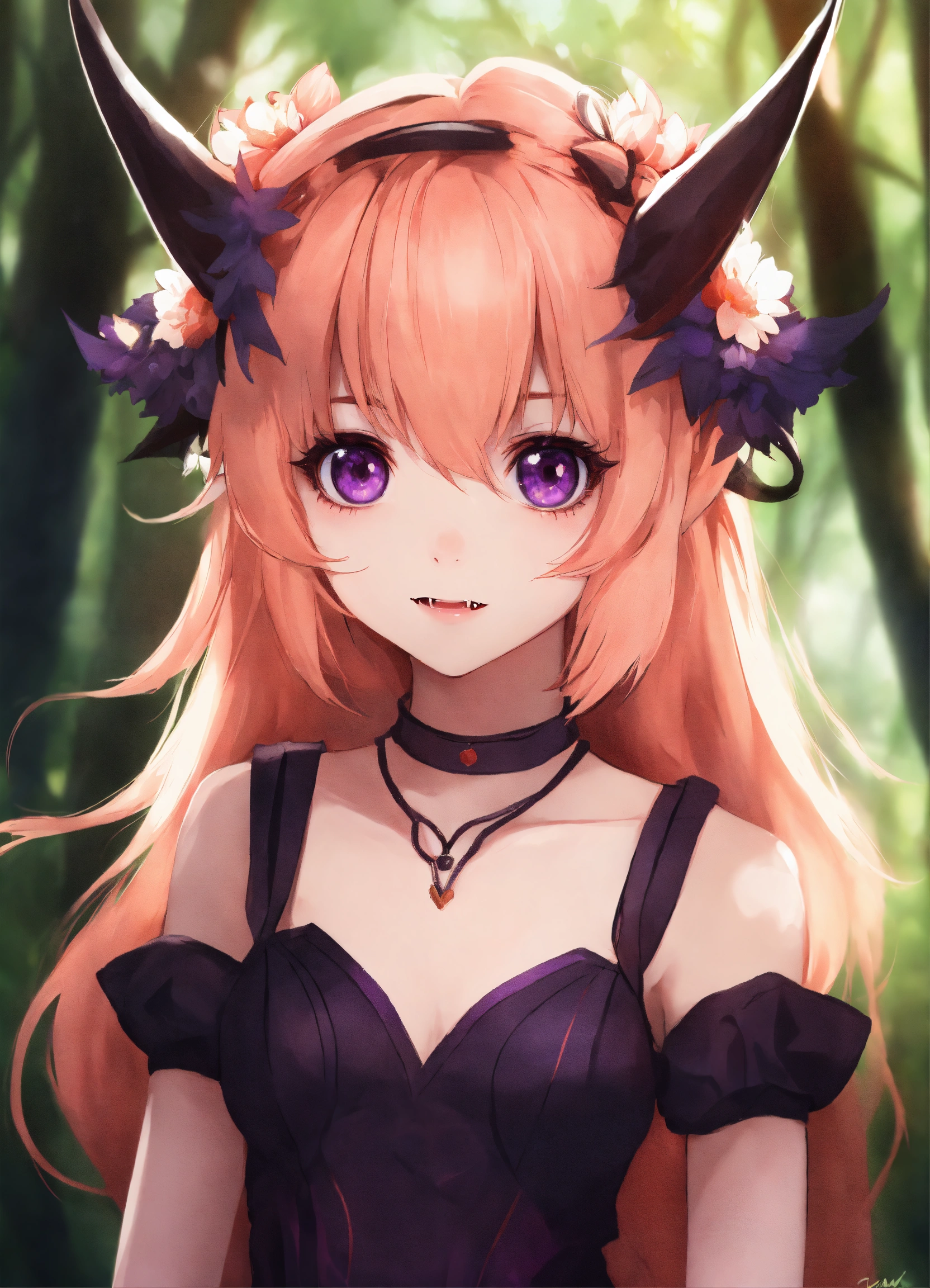 Lexica - Cute petite anime girl, peach hair, purple eyes, fangs, pointed  ears, black head horn halo shape, forest background, girm fantasy