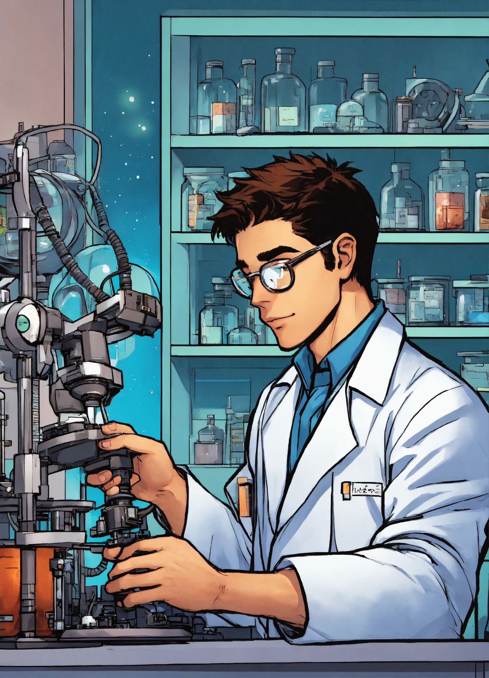 Lexica - Comic A young scientist is shown in his lab, working on ...