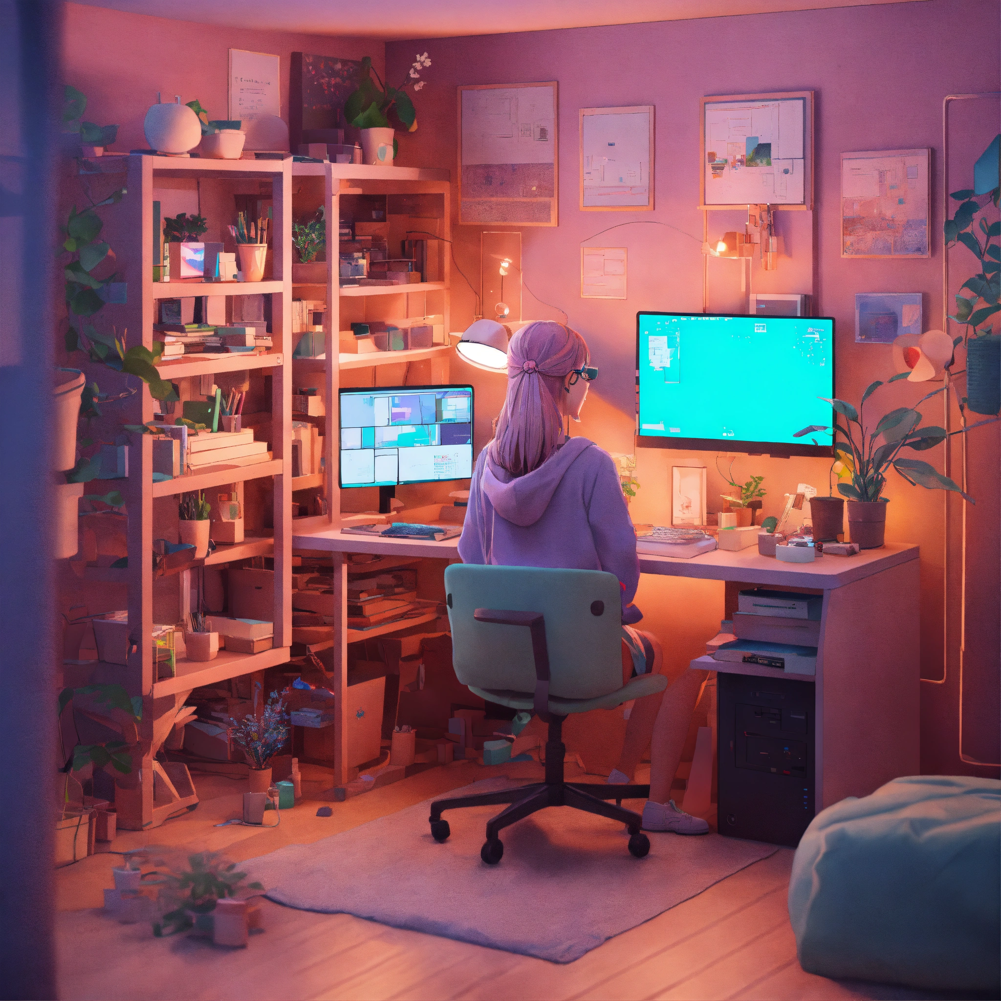 Lexica - Pastel render, a lofi girl programmer in front of his computer ...