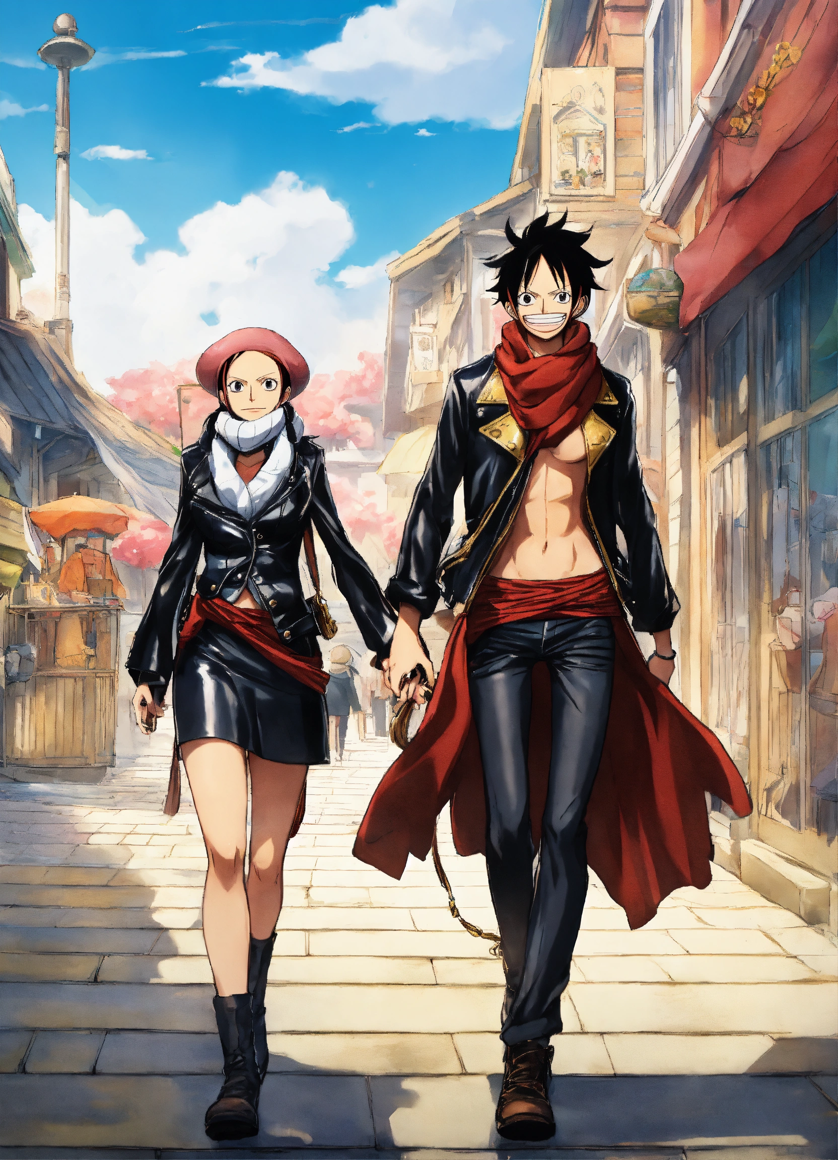 Lexica - Lady alvida from one piece wearing a black leather jacket, scarf,  leather skirt, walking hand in hand with luffy