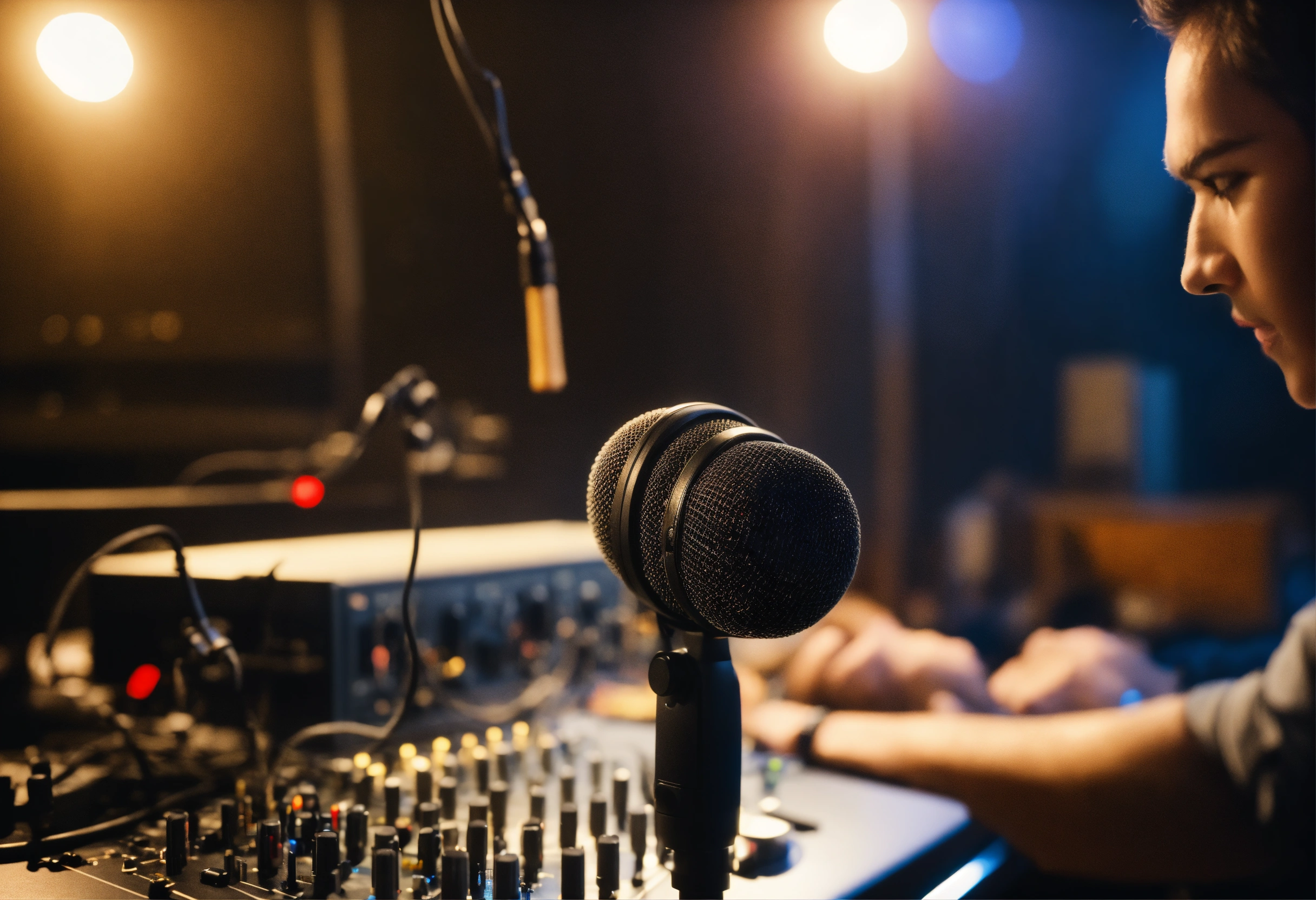 Lexica - The sound engineer installs microphones on the set. He pulls ...