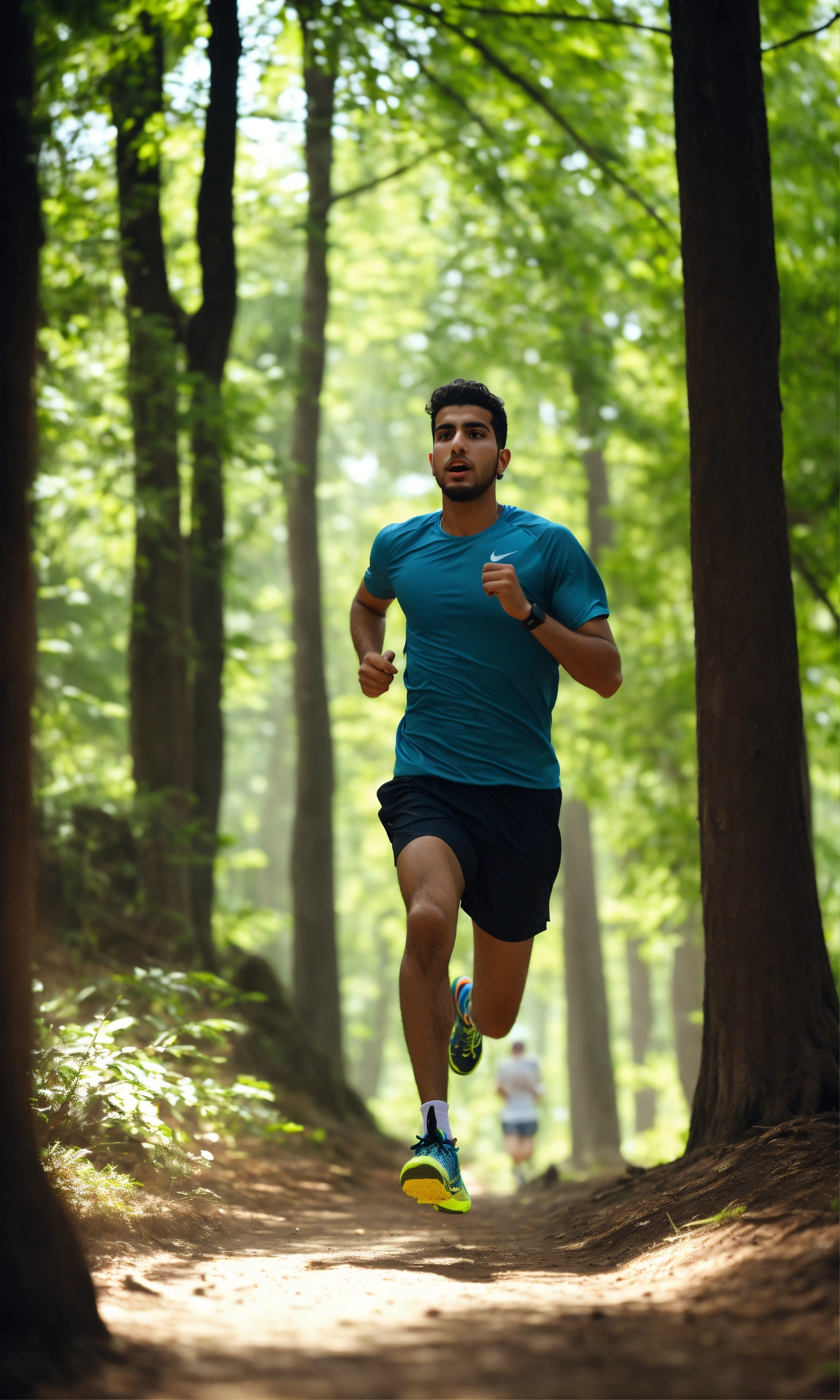 Lexica - A young Arab man is running through a forest. He is wearing 