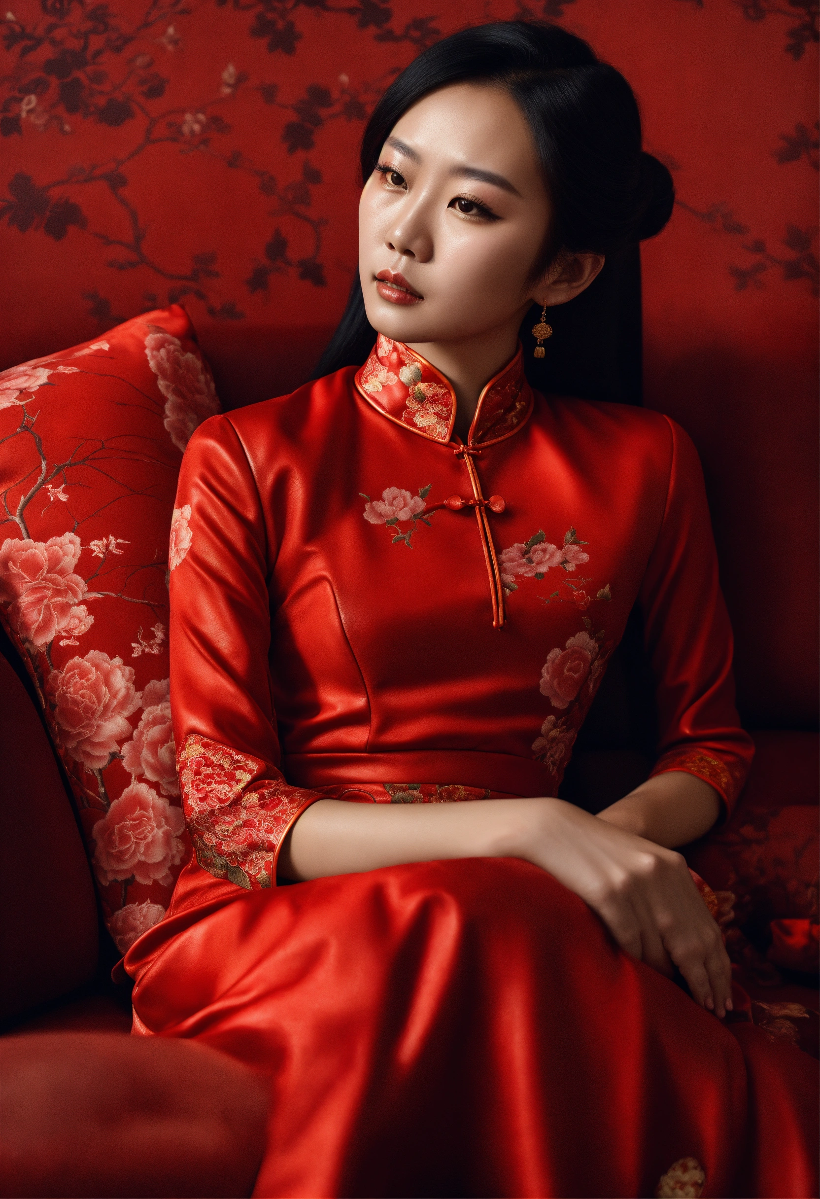 Lexica Dark aesthetic a charming Chinese woman wearing a qipao laying on a red leather sofa long black hair and a red cheongsam stunning editor