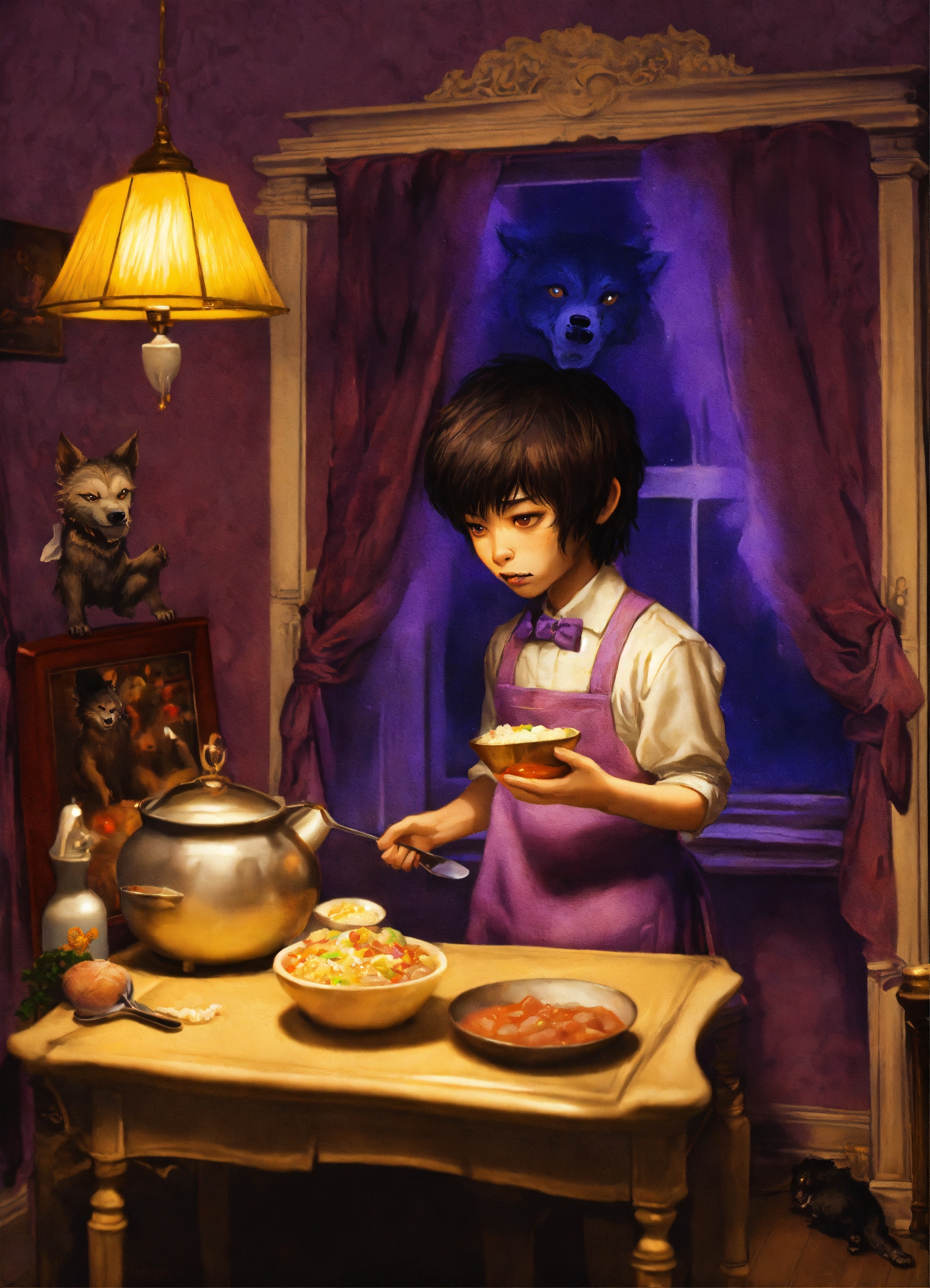 Lexica - Cute werewolf boy in a purple bedroom cooking their meal by ...