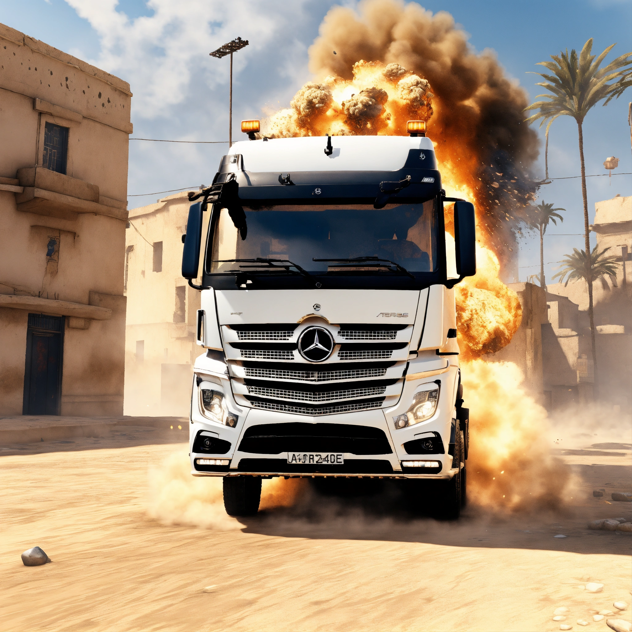 Lexica - A front head-on view of a white Mercedes actros truck, in the ...