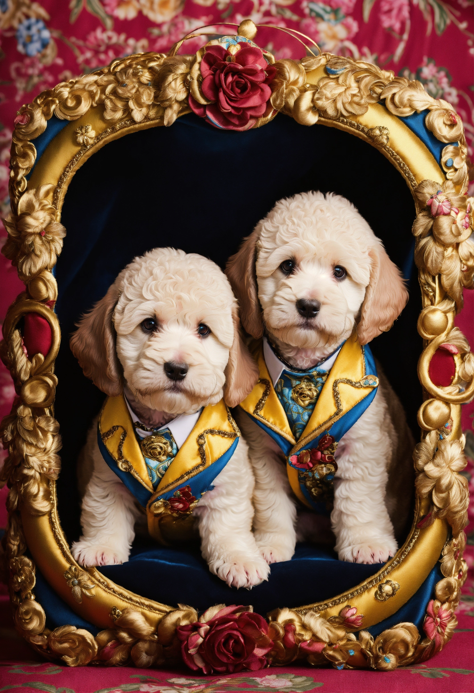 Lexica - 2 Labradoodle snow white puppies wear Versace suits.
