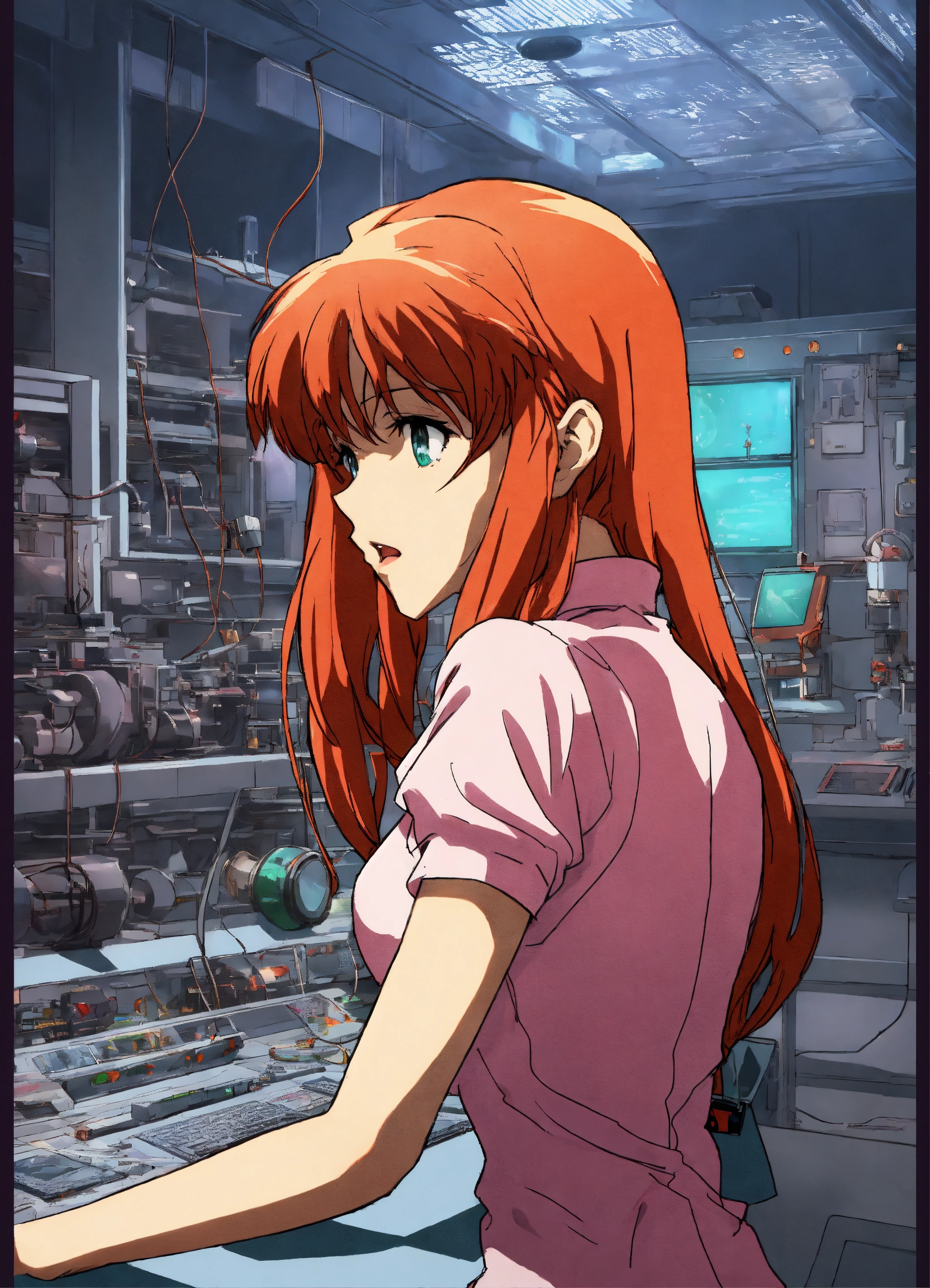 Lexica - Beautiful anime illustration of a stressed out Asuka Langley Soryu  from Neon Genesis Evangelion, inside the NERV lab with lots of scientists...