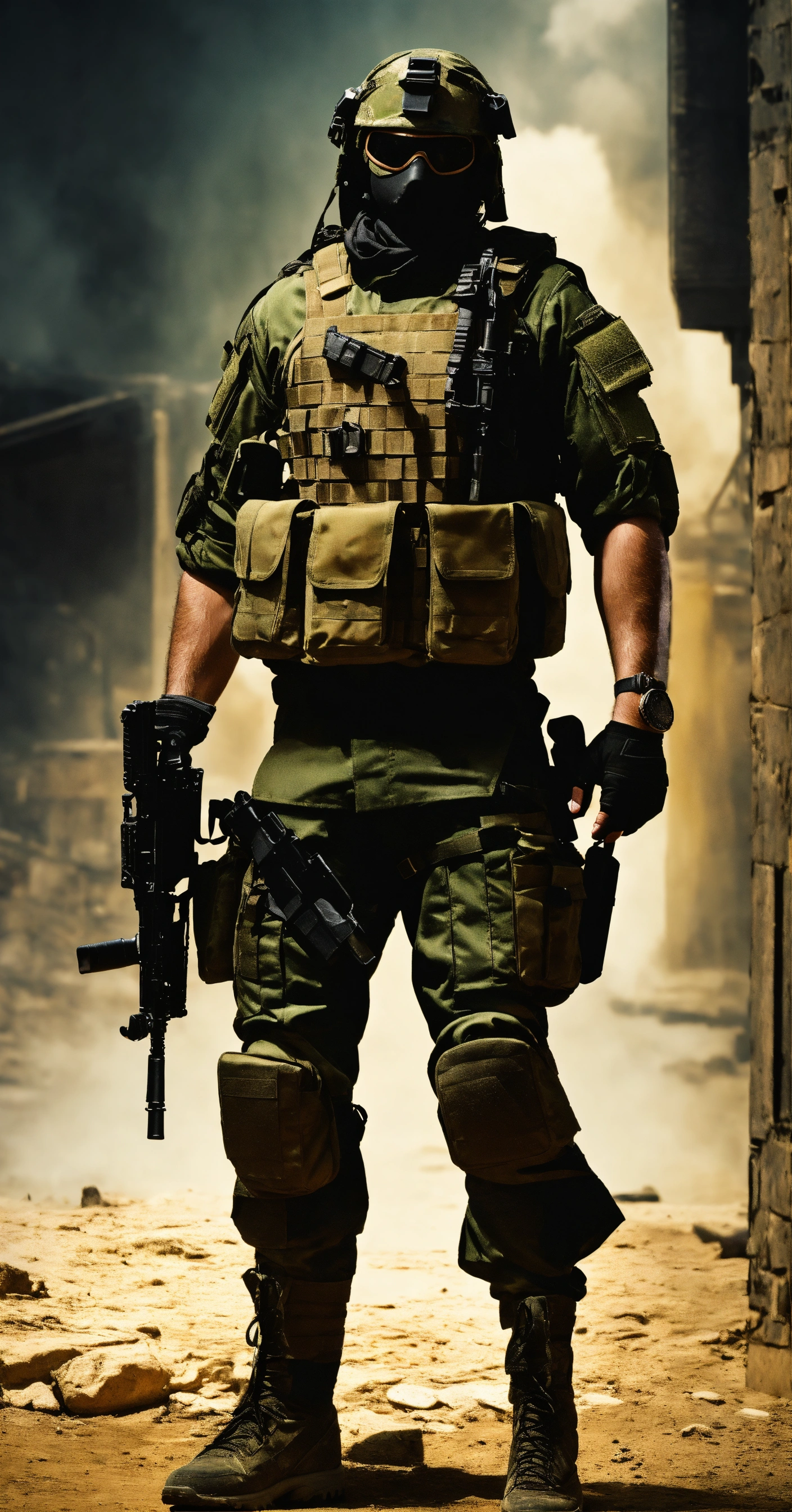 Lexica - Loneley soldier, black comando outfit, masked face, full body ...