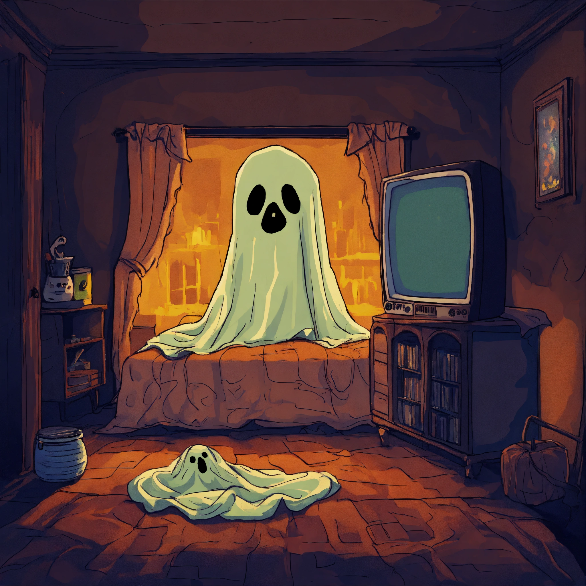 Lexica - A painting of a bedsheet ghost watching scary movies on a ...