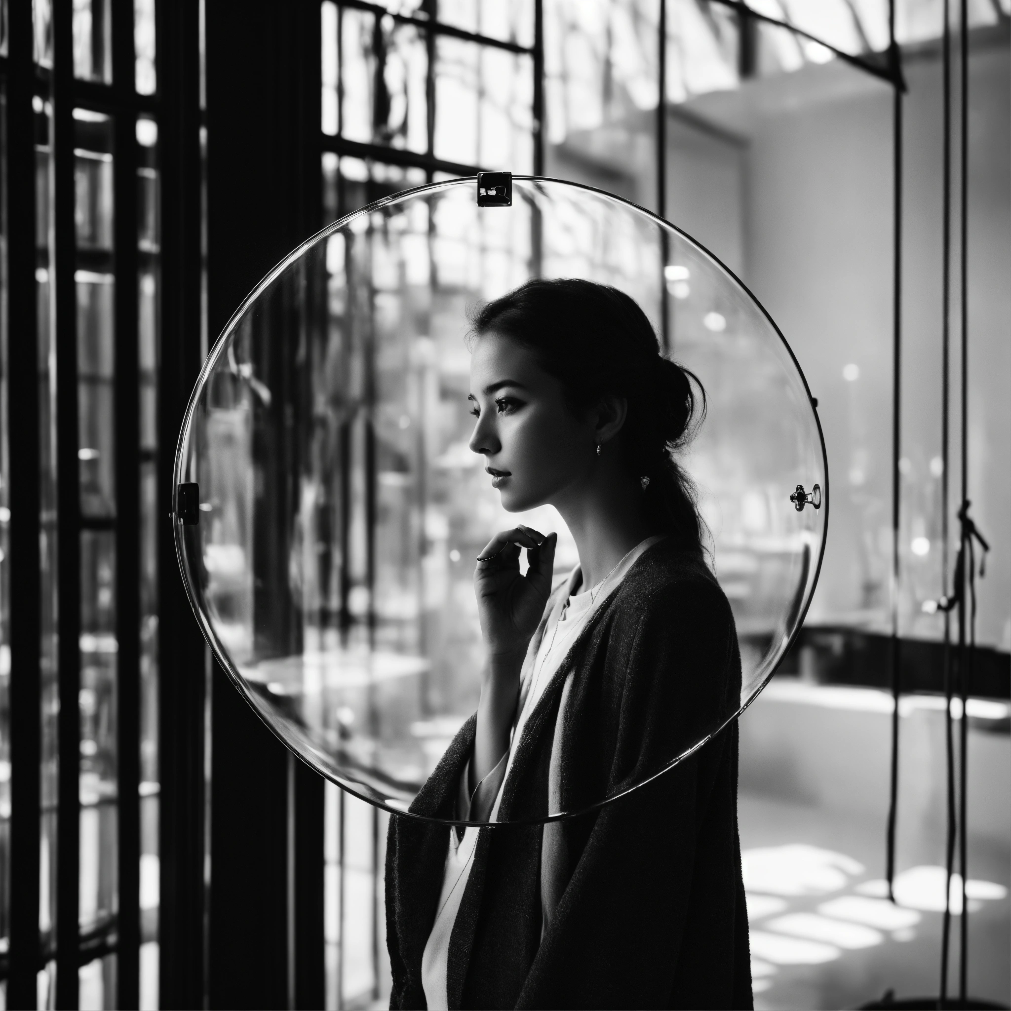 Lexica - Women look in clear looking transparent glass circle, black ...