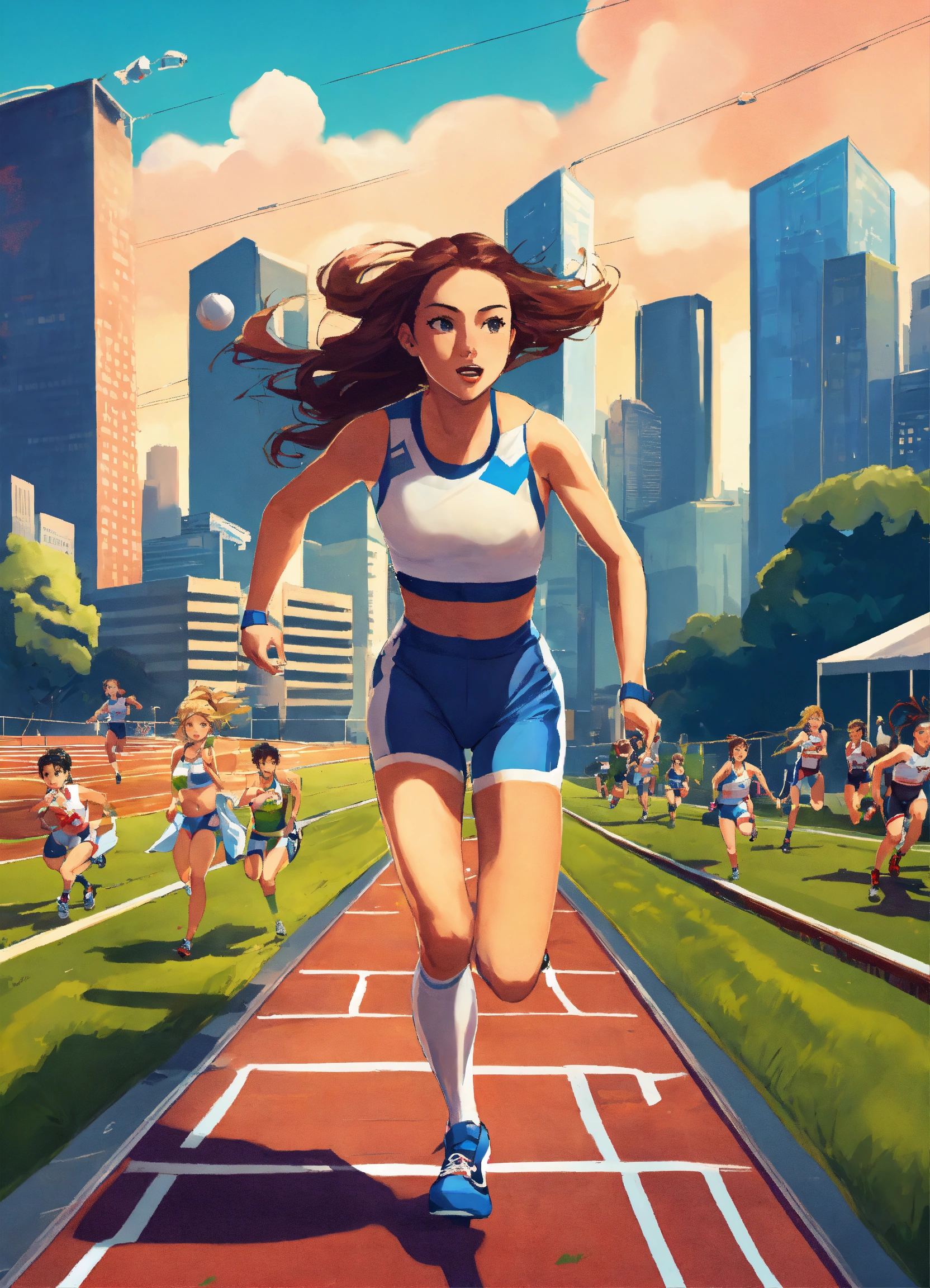 Lexica - Girl racing with other athletes on tracks field, city setting ...