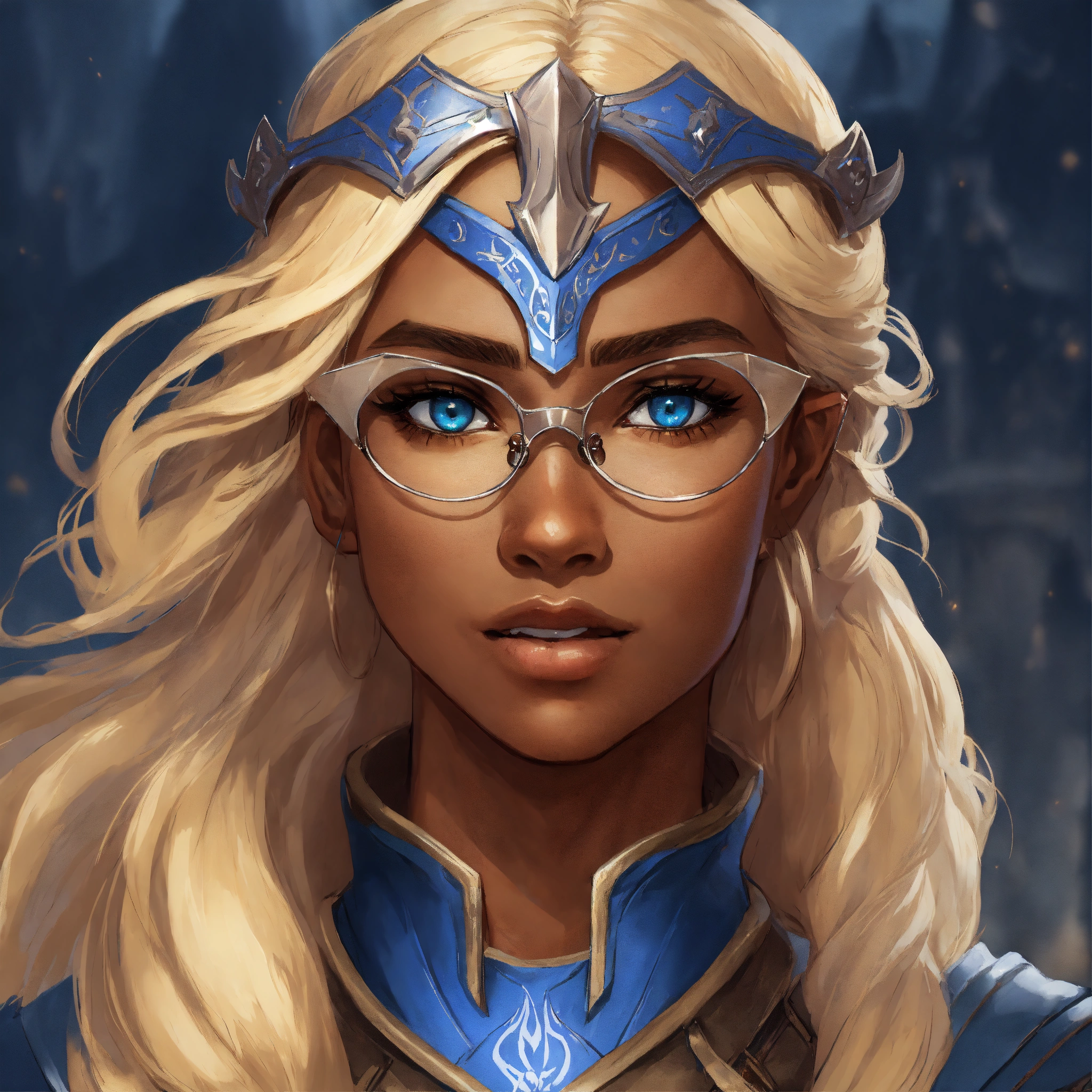 Lexica - A very brown skinned half elf woman, wearing glasses with deep ...
