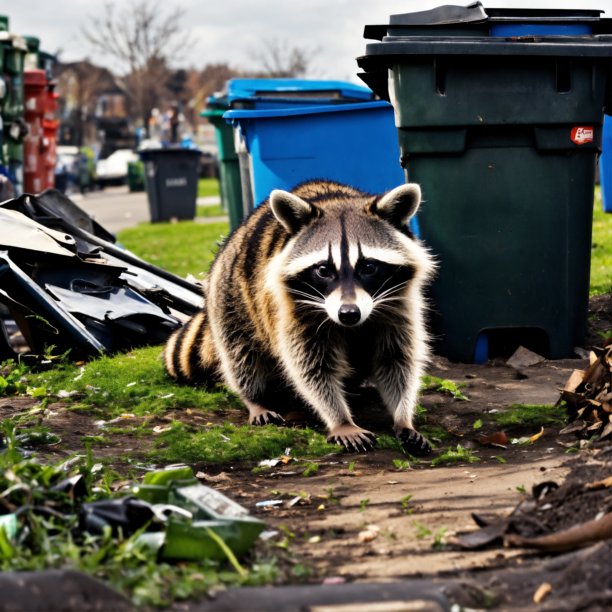Lexica - A photograph of a raccoon digging through recycling bins, surreal