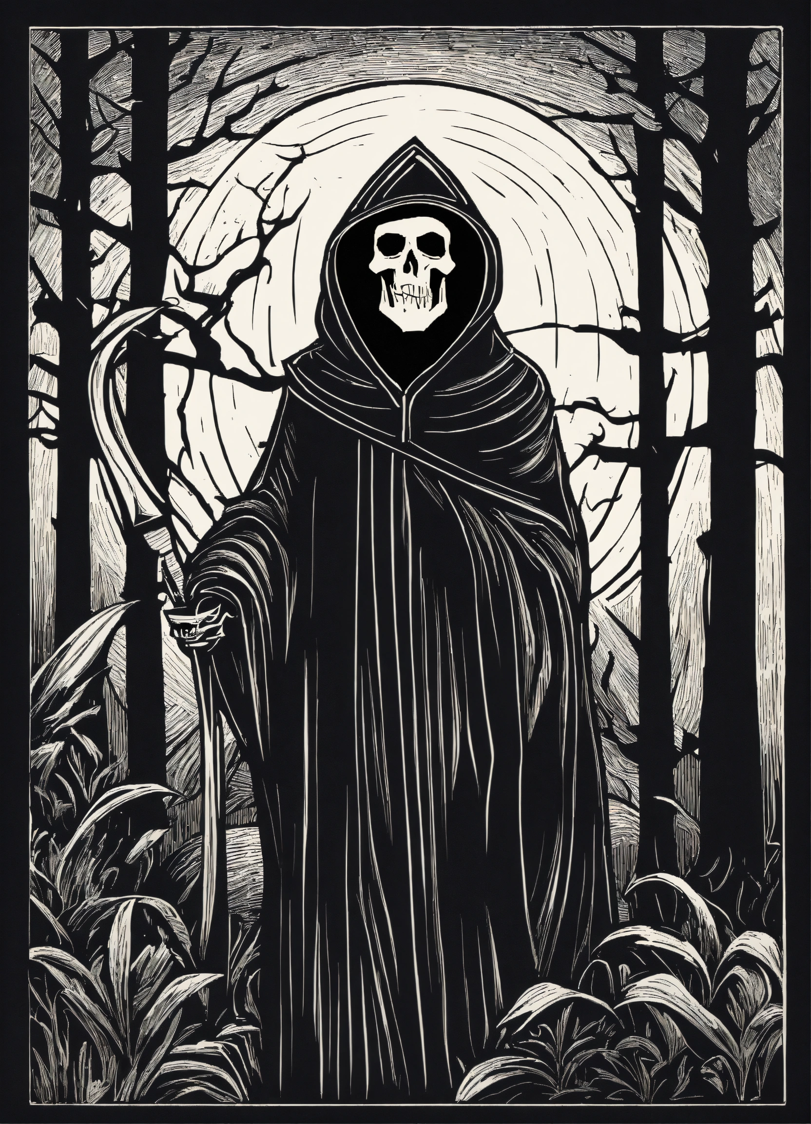 Lexica - Black and white linocut design of the grim reaper, simple ...