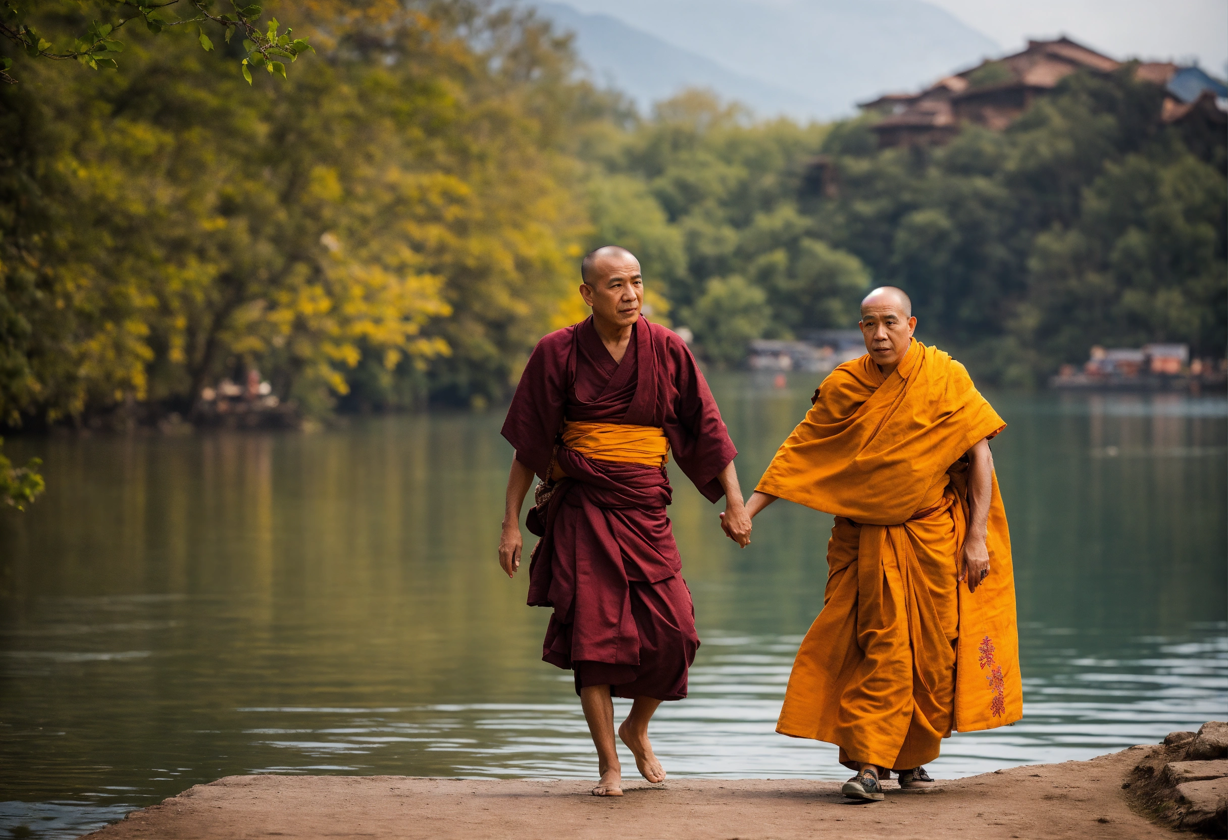 Lexica - Senior monk carrying woman to cross the lake
