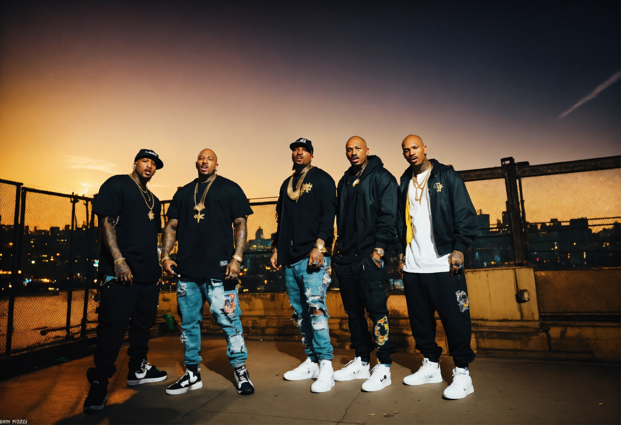 Lexica - Sky view Full body shot black baldheaded guys rap group 