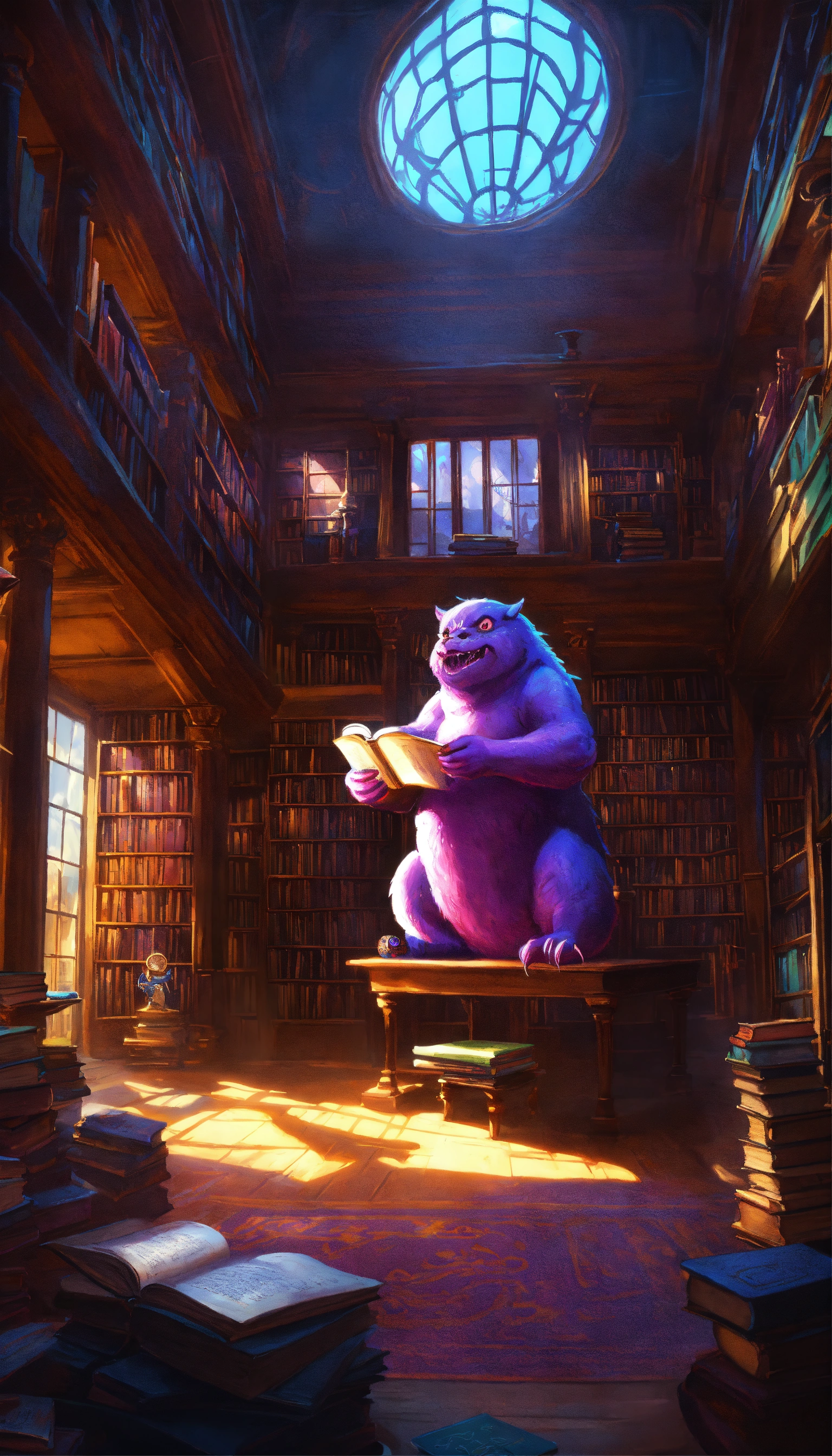 Lexica - Old library with a lot of books and funny little monsters, by ...