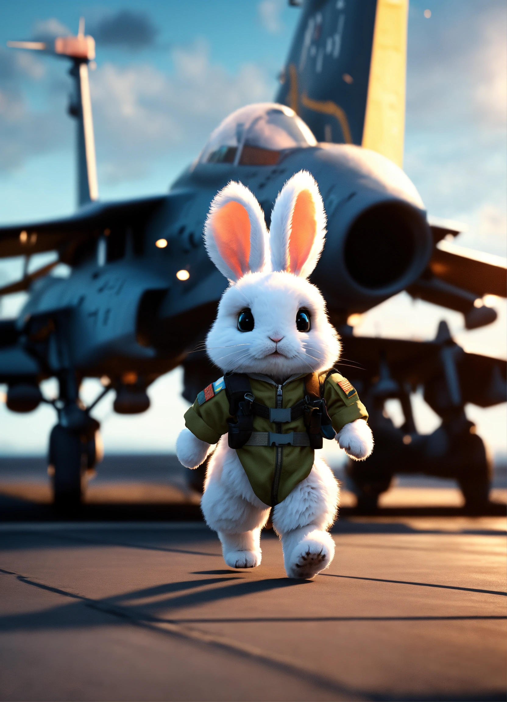 Lexica - A cute fluffy rabbit pilot walking on a military aircraft ...
