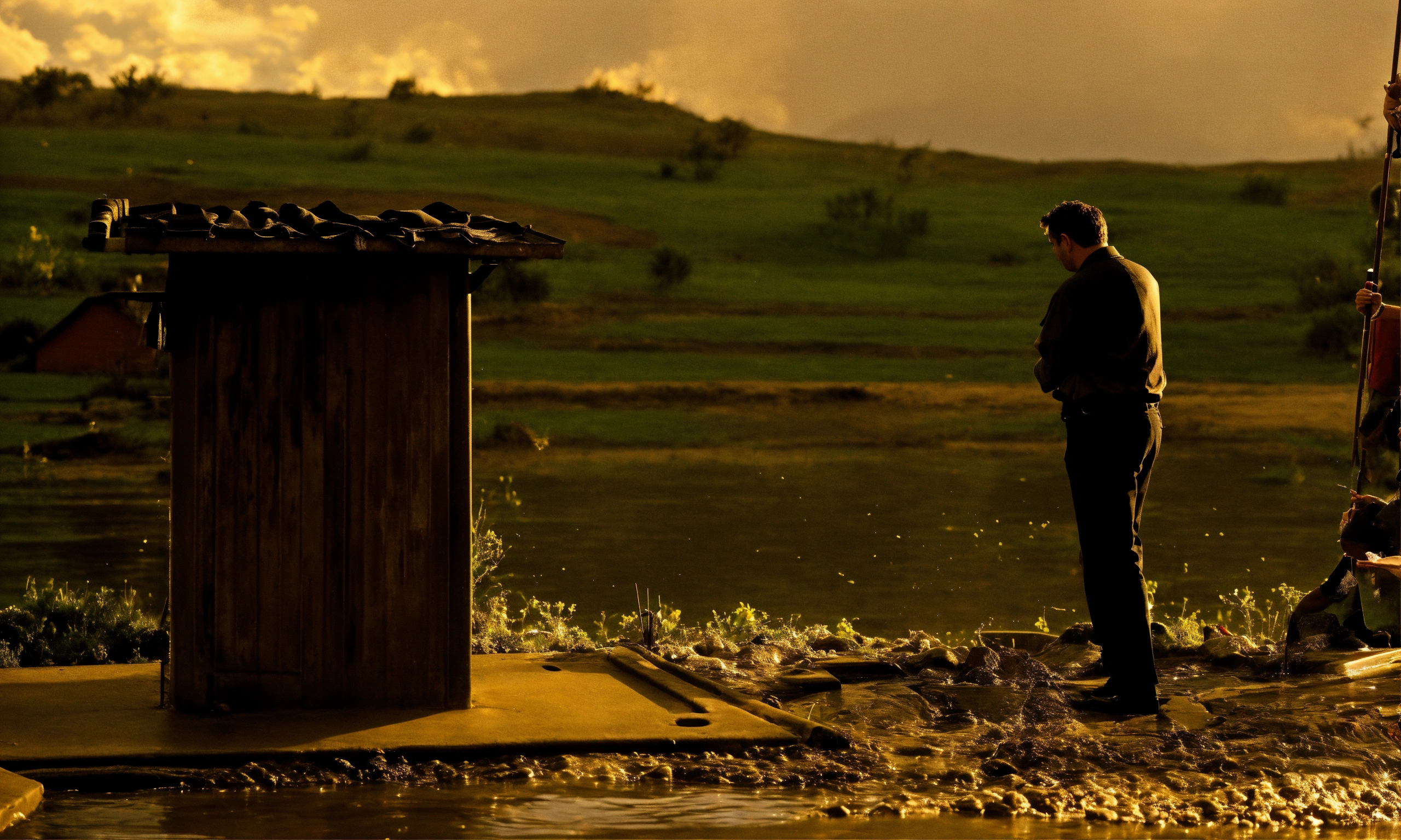 Lexica - Add to the image I liked two men arguing next to the water well