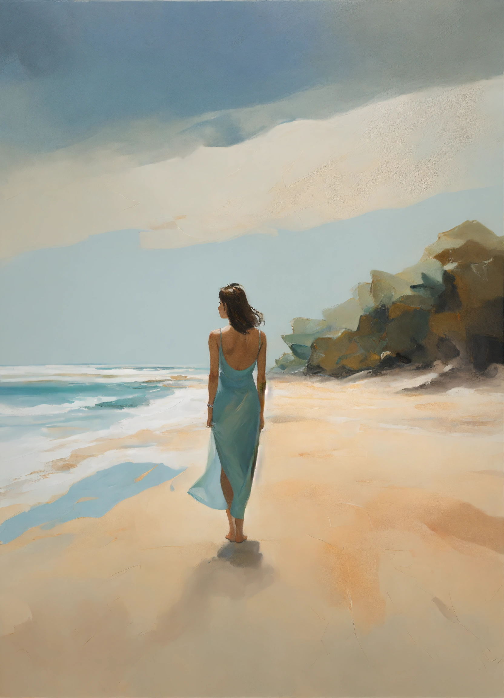 Lexica - Abstract and minimalist oil painting of woman on a deserted ...
