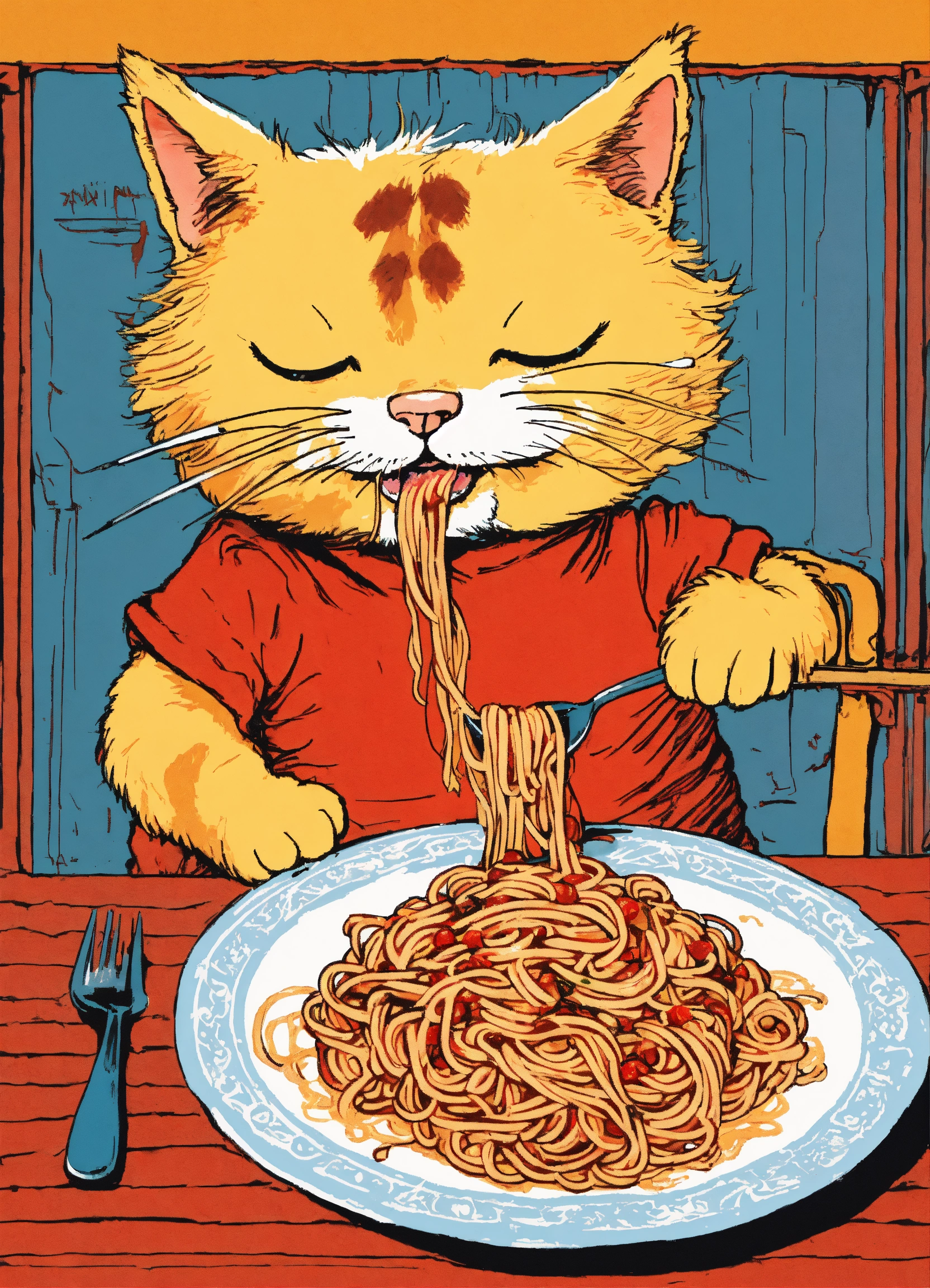 Lexica - A cute cat eating messy spaghetti with tomato sauce, illustration  by Hergé, stunning color scheme, masterpiece