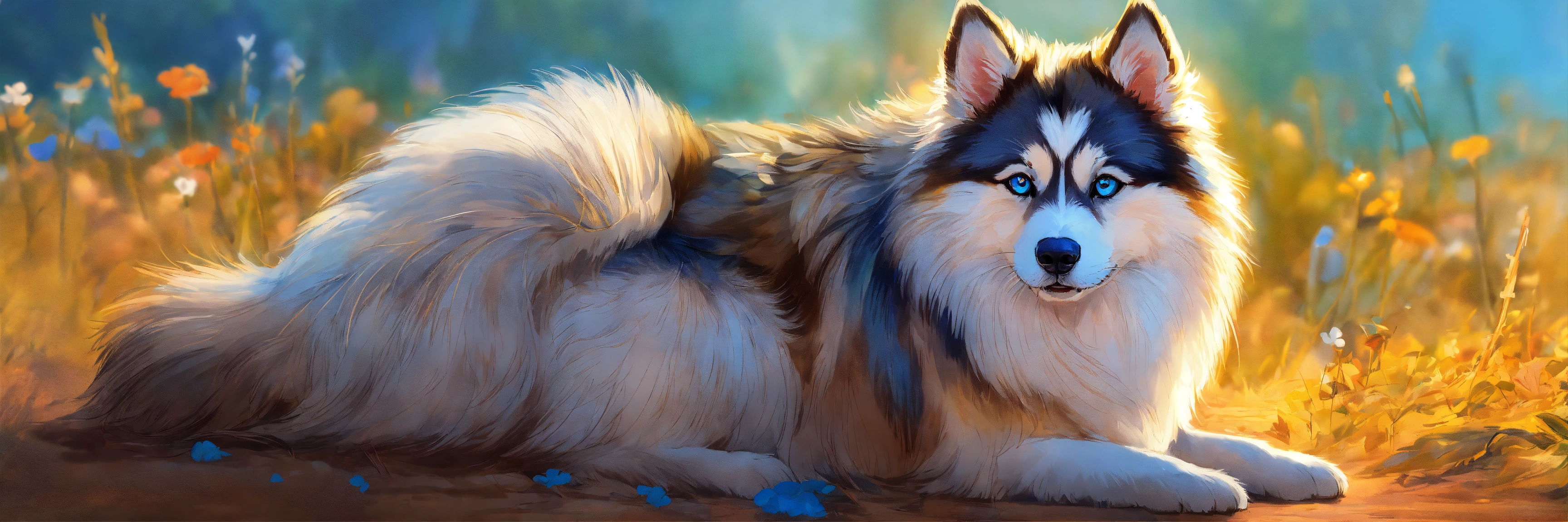 Lexica - A full body image of a pomsky with long hair and blue eyes ...