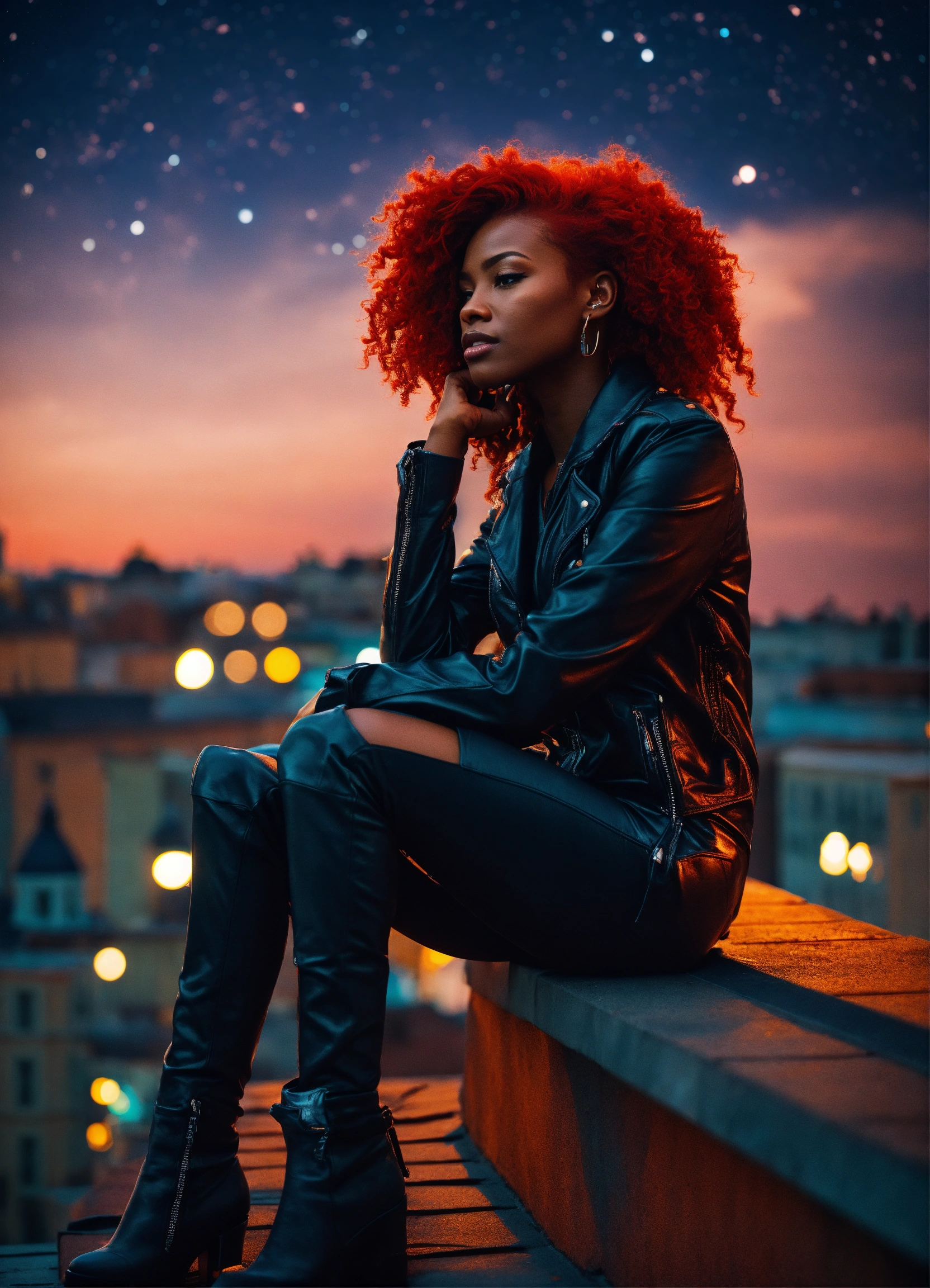 Lexica - Black woman with red hair in cyborg chic, sitting on a rooftop ...