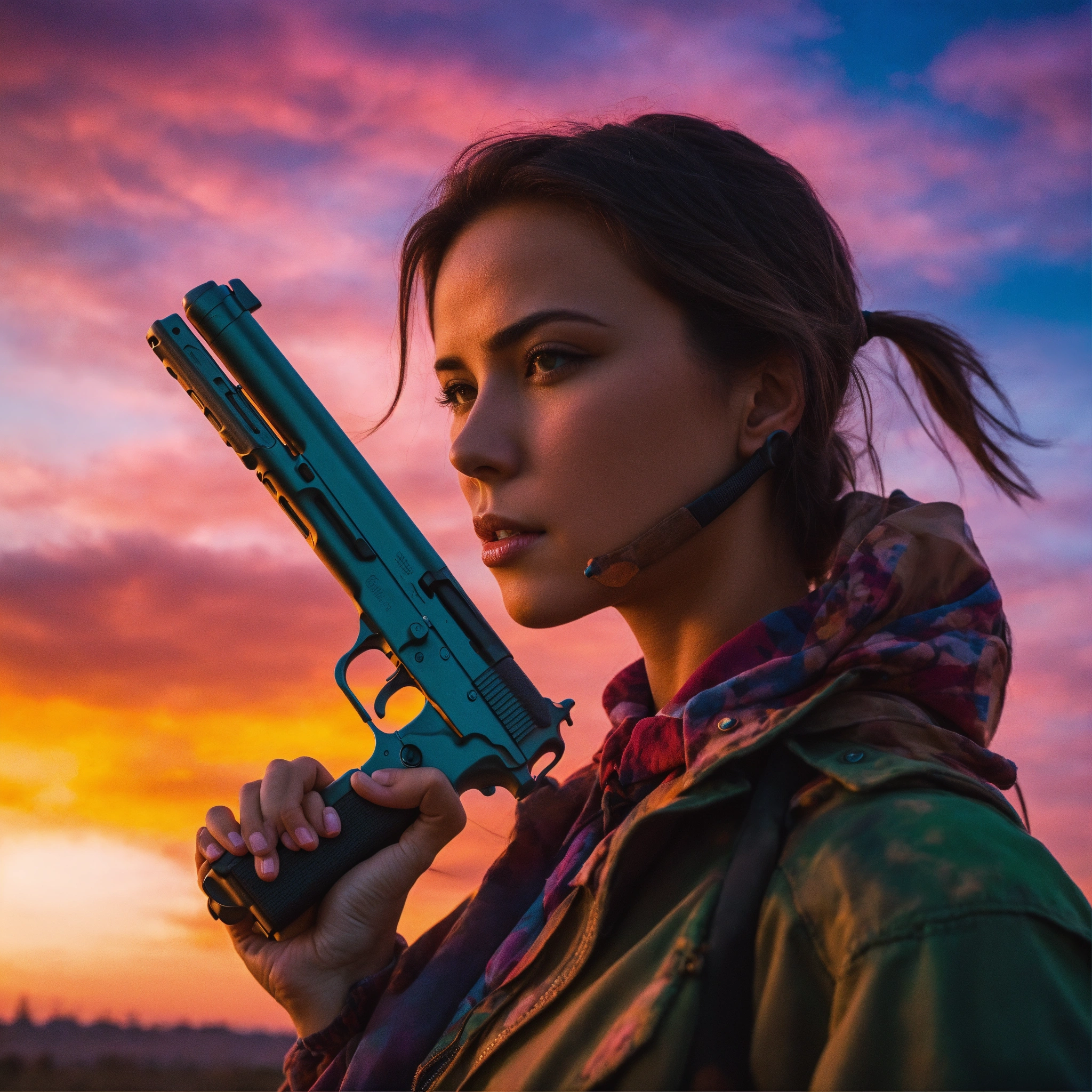 Lexica - Close up of a woman holding a gun down by her side, in front ...