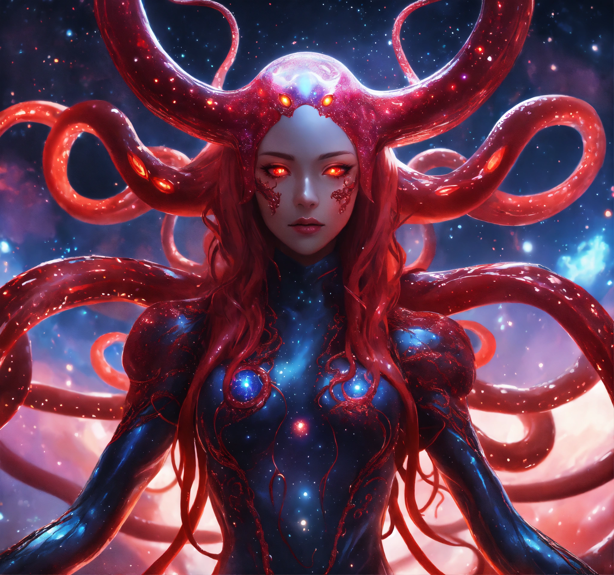 Lexica - Anime, wide shot ,tentacle hair ,extra eyes, demonic evil venom  squid alien, venom intricate, tentacle hair, red intricate glowing eyes,  Ven...