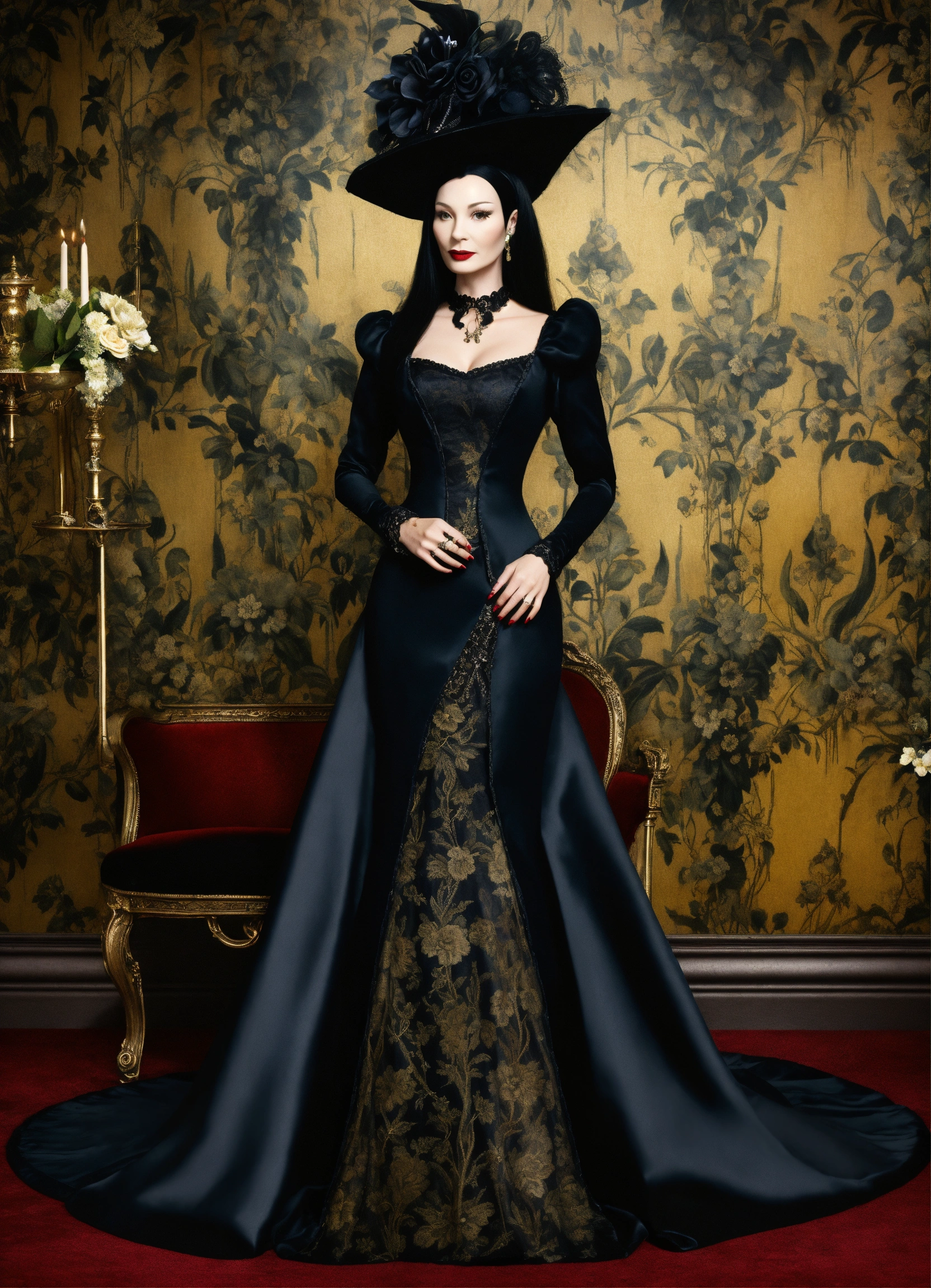 Lexica - Elaborate Gothic Morticia Addams queen of spades, 40 years old ...