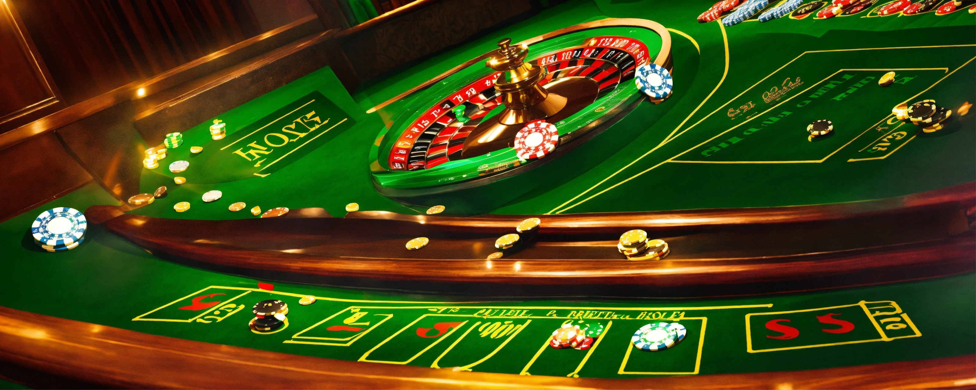 Lexica - Green roulette game, flying poker chips, roulette table